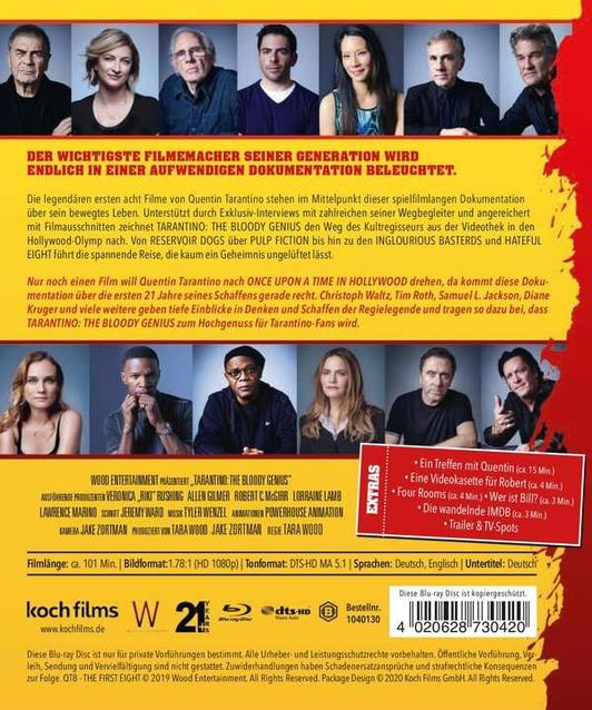 DVD-Cover für Tarantino: The Bloody Genius. Fotos von Schauspielern. Text und Logos.