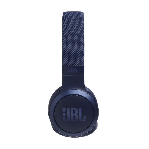 Auriculares JBL azul oscuro. Diadema y auriculares. Logotipo JBL visible. Fondo blanco, vista frontal.