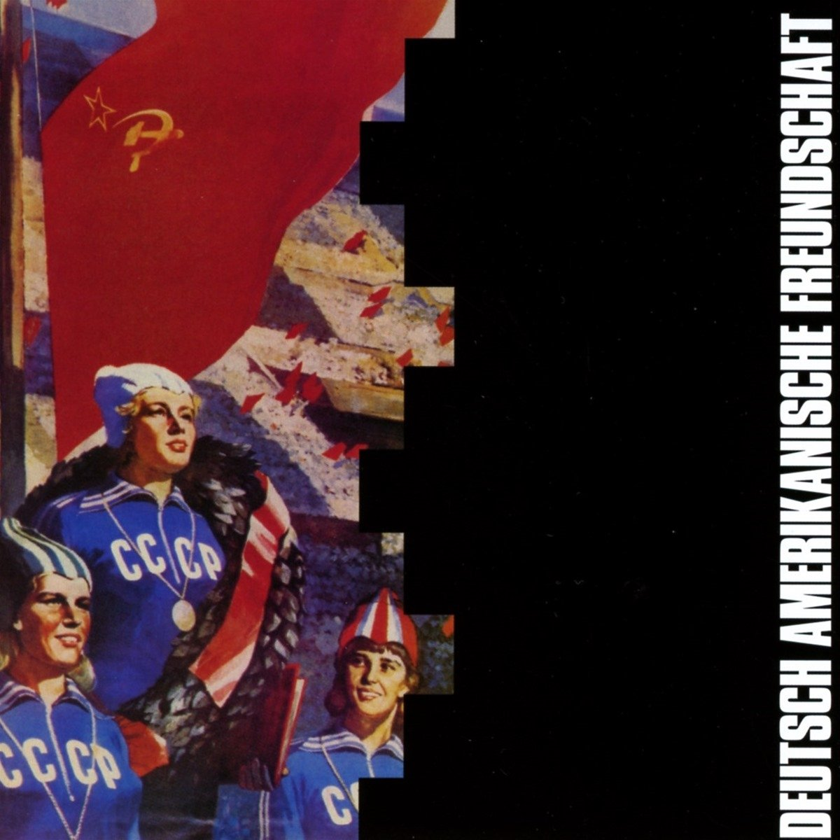 Affiche de propagande soviétique avec athlètes en uniformes bleus, drapeau rouge et fond noir.