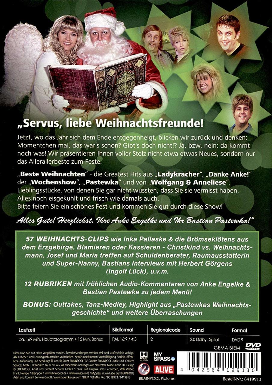 DVD-Cover mit Weihnachtsmann, Engeln und mehreren Personen, die eine Weihnachtsshow mit Extras bewerben.