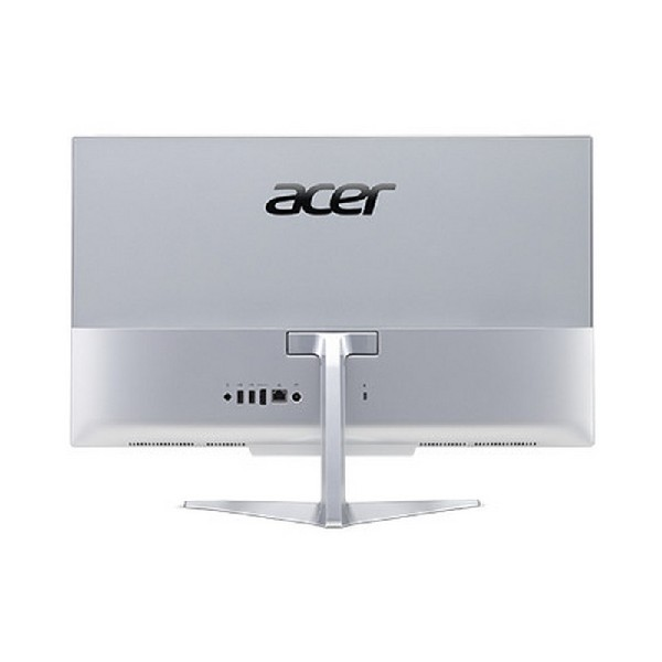 Parte trasera de un ordenador Acer todo en uno en plata, mostrando puertos y soporte.