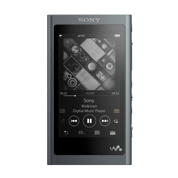 Reproductor de música digital Sony Walkman gris oscuro con pantalla que muestra un álbum.