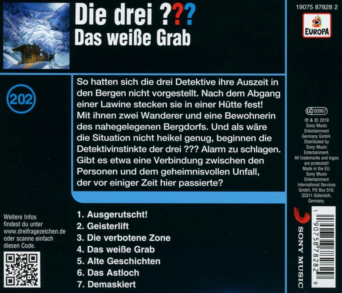 Rückseite der "Die drei ???" CD, weißer Hintergrund und Text.