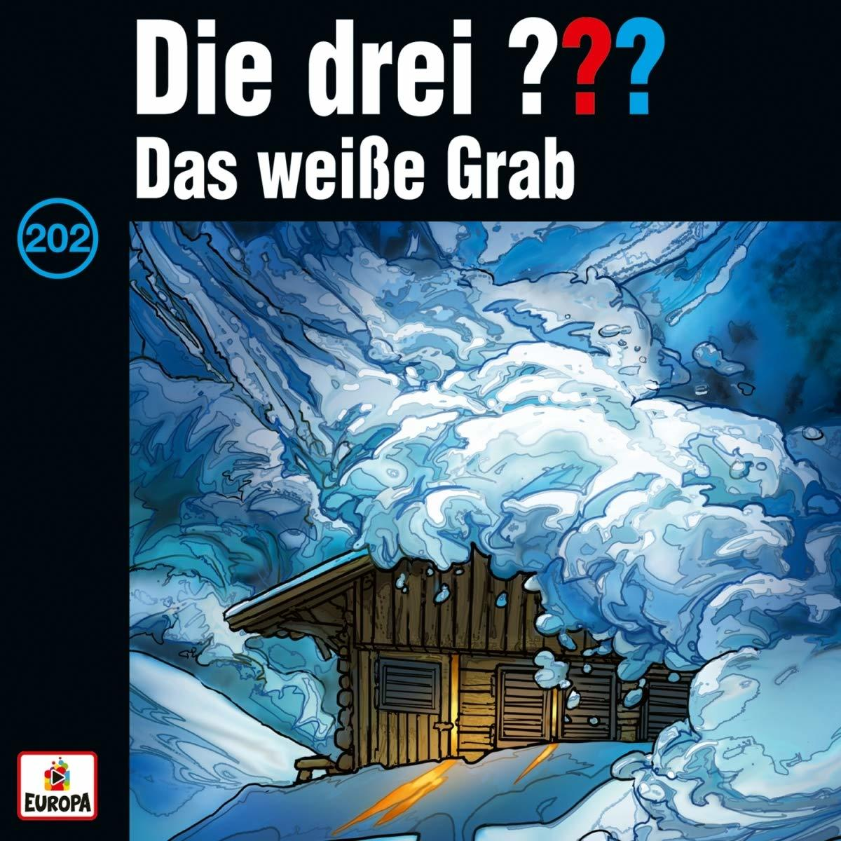 Comic-Cover: Die drei ???, eine Hütte im Schnee, mit blau-weißem künstlerischem Schnee-Effekt.