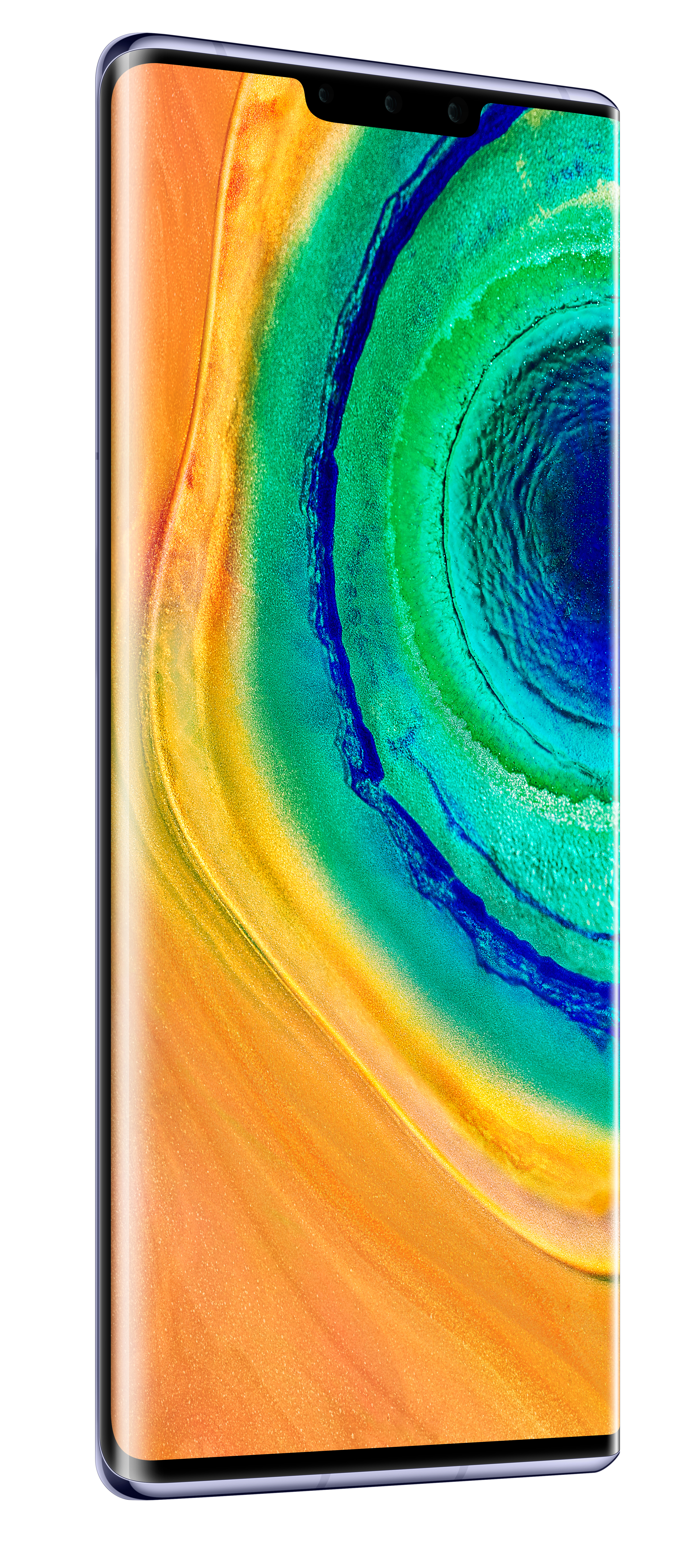 Ein Smartphone mit gebogenem Bildschirm, das einen farbenfrohen abstrakten Hintergrund zeigt.