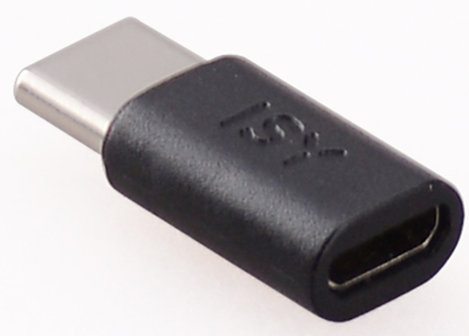 Een zwarte USB-C naar USB-Micro adapter. Het USB-C uiteinde is zilver, het Micro uiteinde is zwart.