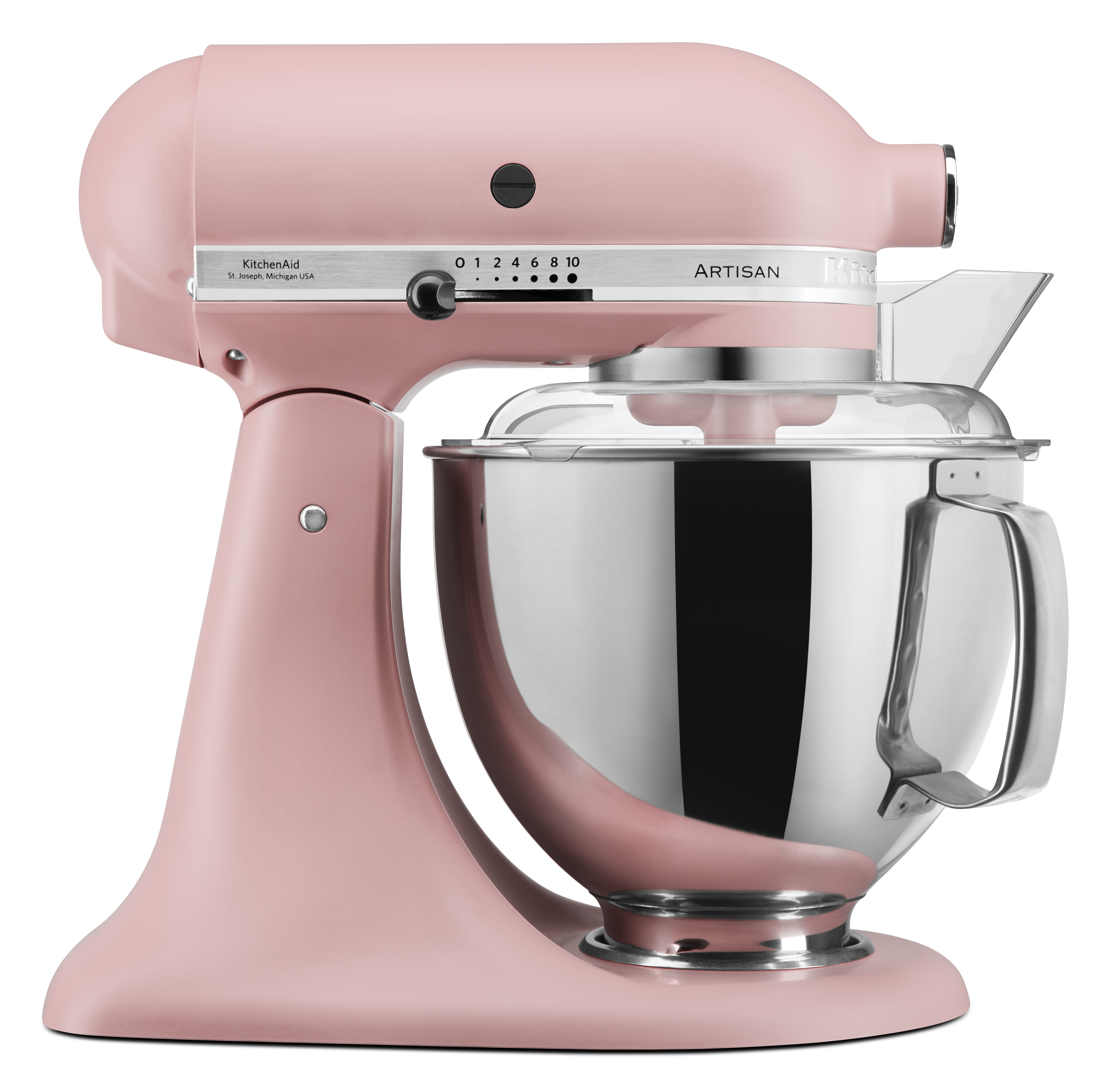Ein rosafarbener KitchenAid Artisan Standmixer. Er hat eine Edelstahlschüssel und einen durchsichtigen Spritzschutz. Der Hintergrund ist schwarz.