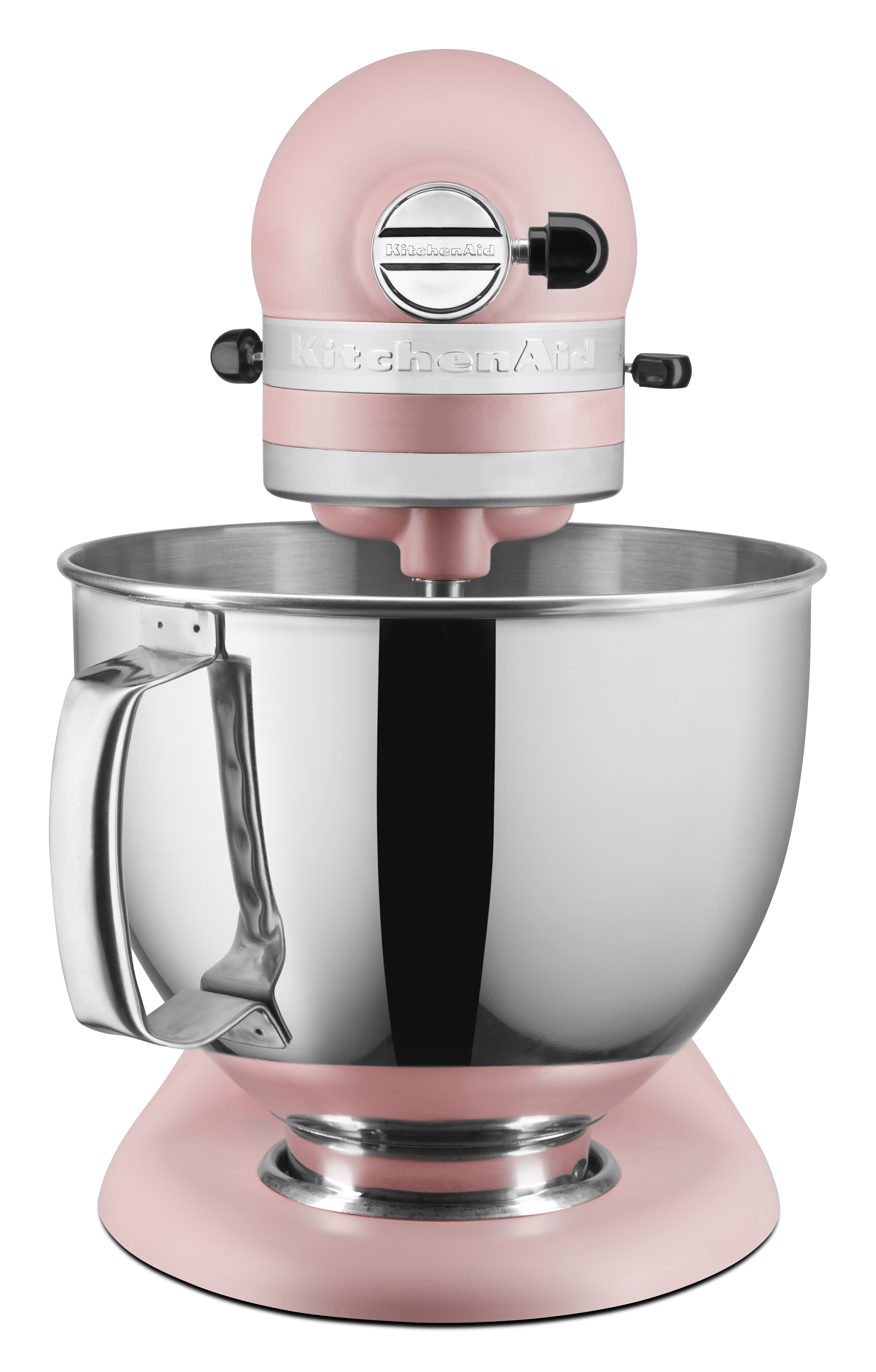 Ein rosa KitchenAid Küchenmixer mit einer silbernen Schüssel, vor schwarzem Hintergrund.