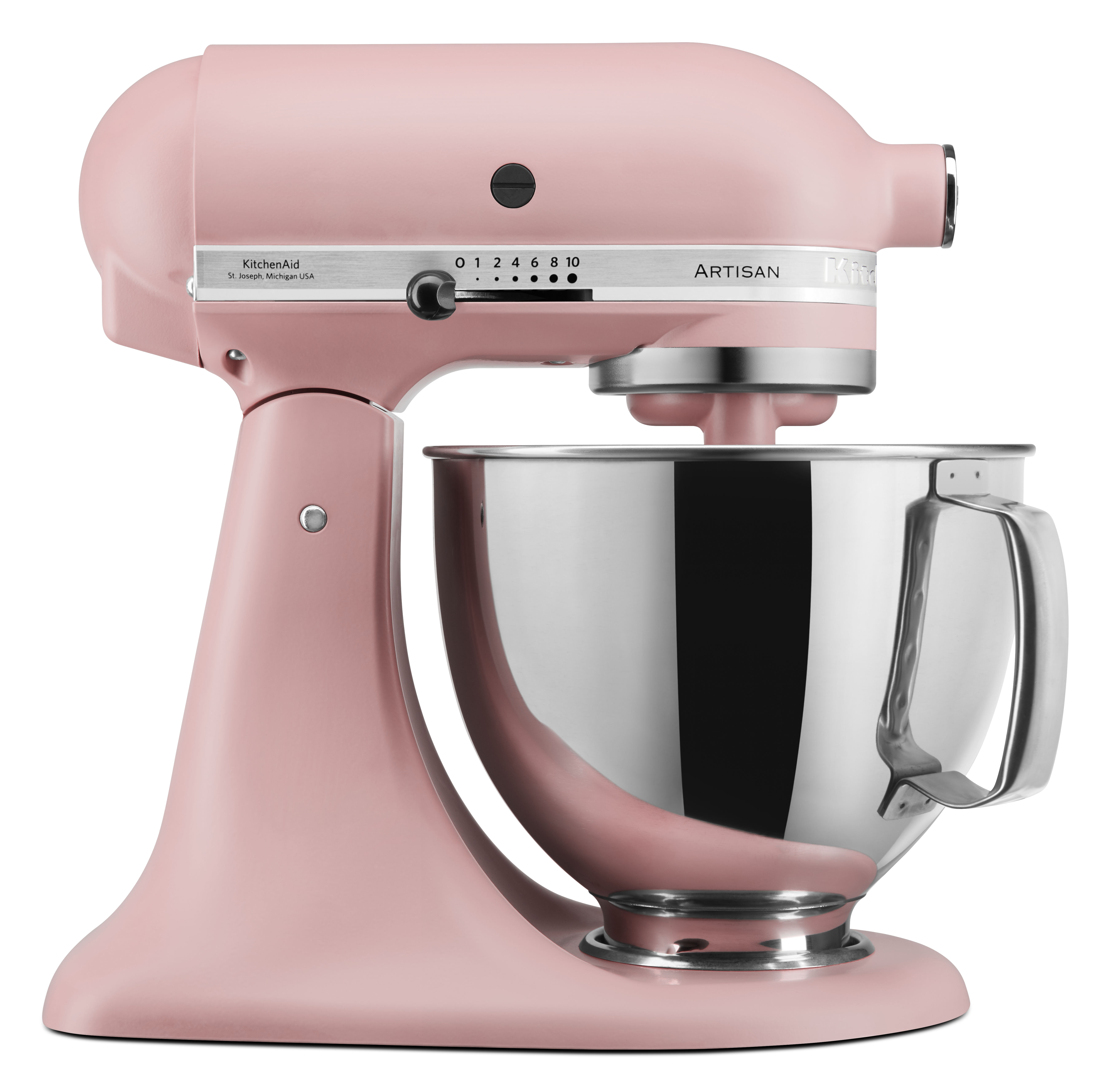 Rosa KitchenAid-Mixer. Edelstahlschüssel. Bedienelemente an der Seite, mit KitchenAid-Logo und Text.
