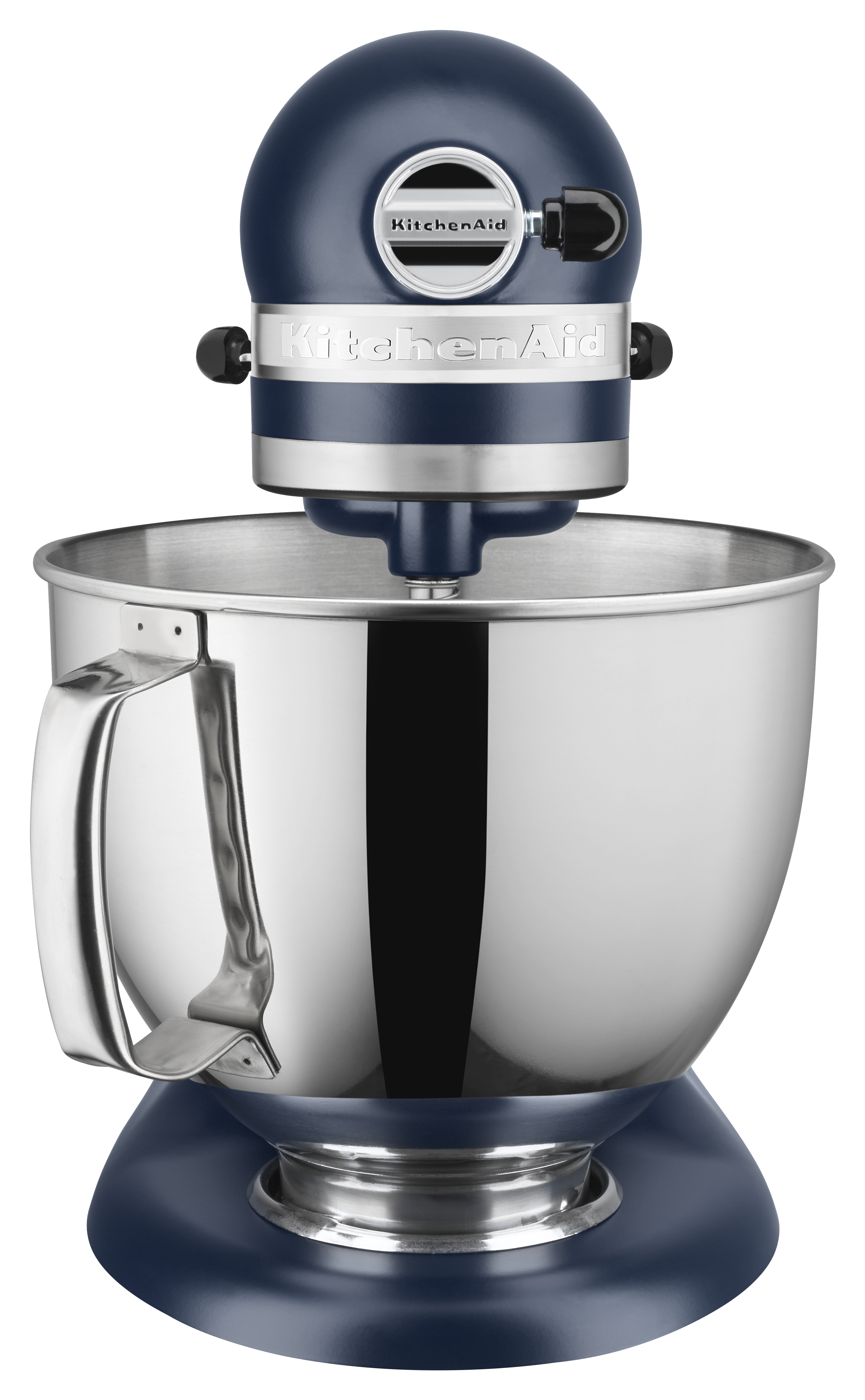 Blauer KitchenAid-Küchenmixer mit Edelstahlschüssel. Er befindet sich auf weißem Hintergrund.