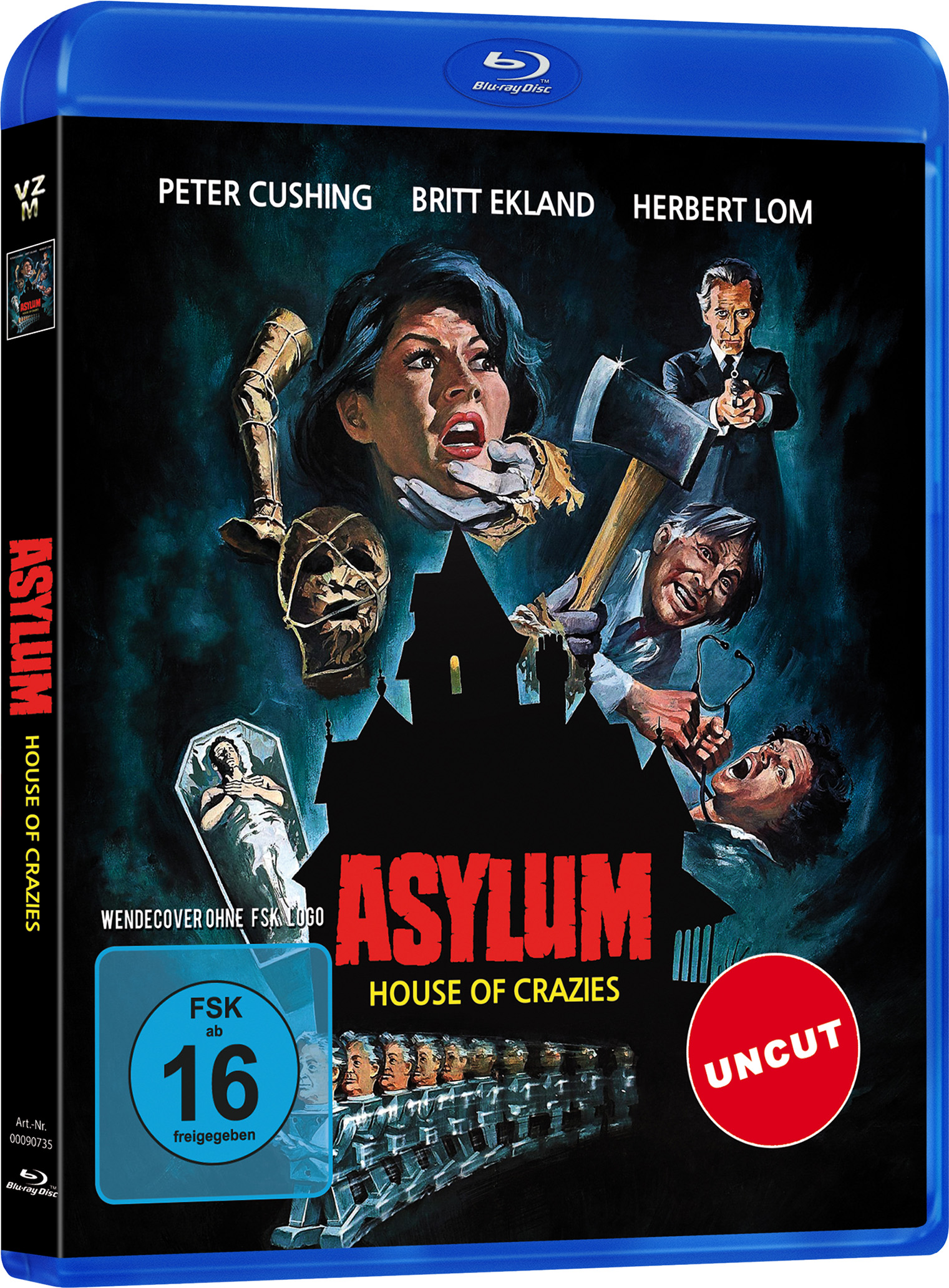 Asylum Blu-ray-Cover mit Horrorszene, Charakteren und blauem Gehäuse.