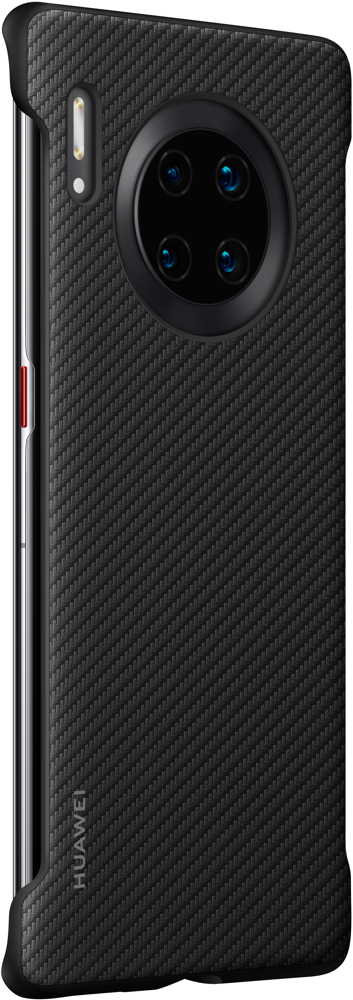 Eine schwarze Handyhülle auf weißem Hintergrund. Sie hat eine Kameralinse und das HUAWEI-Logo. Kohlefasermuster.