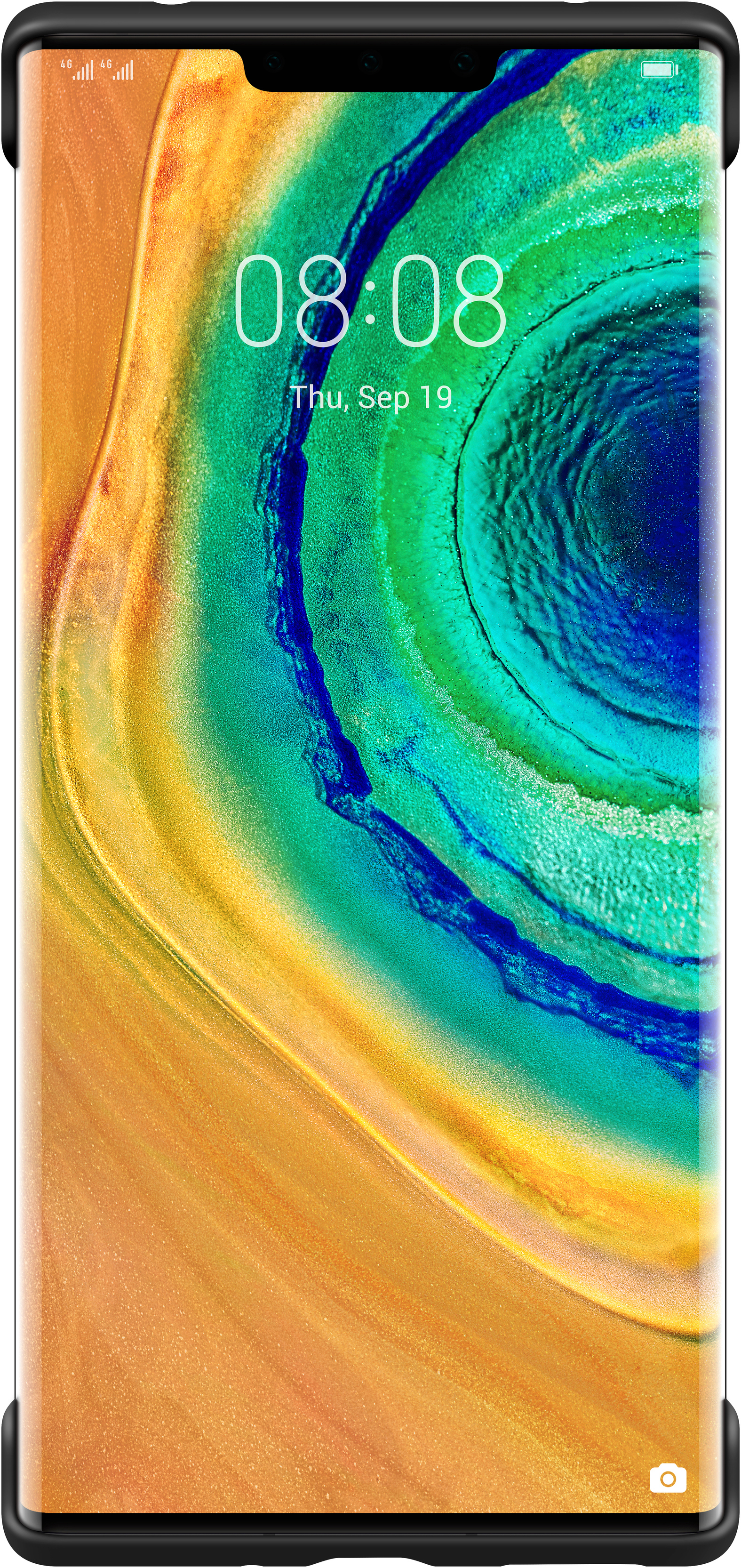 Ein Mobiltelefon, das die Uhrzeit 08:08 anzeigt, mit einem farbenfrohen Hintergrund aus abstrakten Formen.