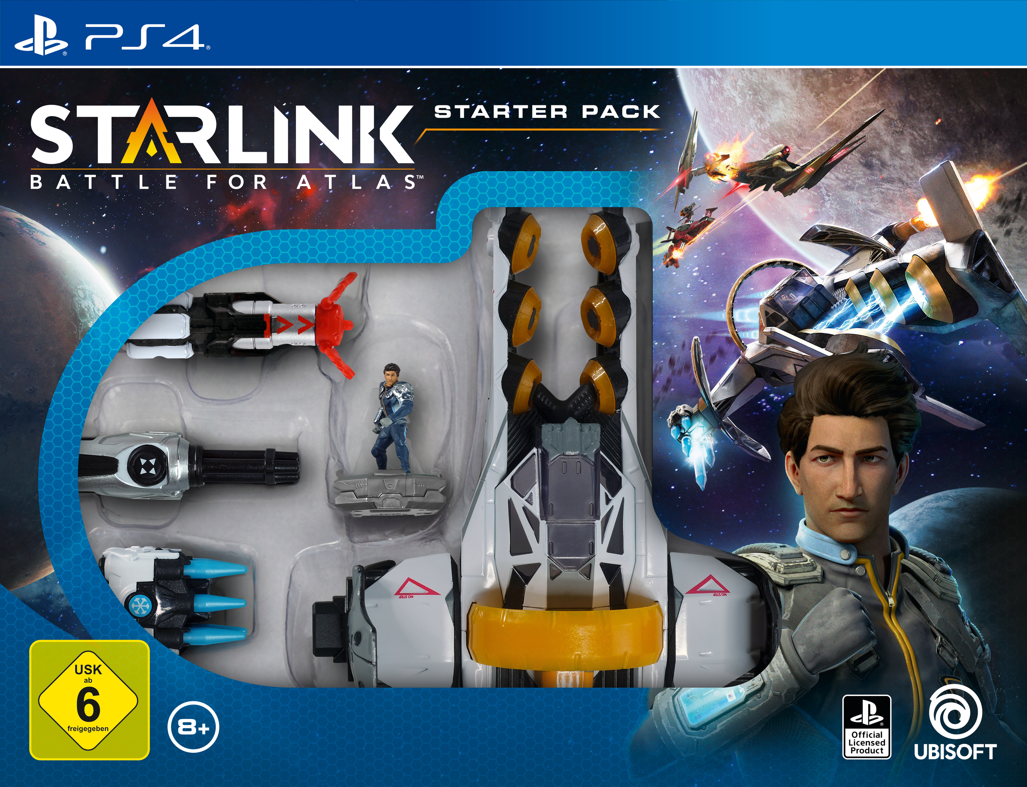 Spielbox: 'Starlink: Battle for Atlas' Starter Pack. Enthält ein Raumschiff und ein Charaktermodell.
