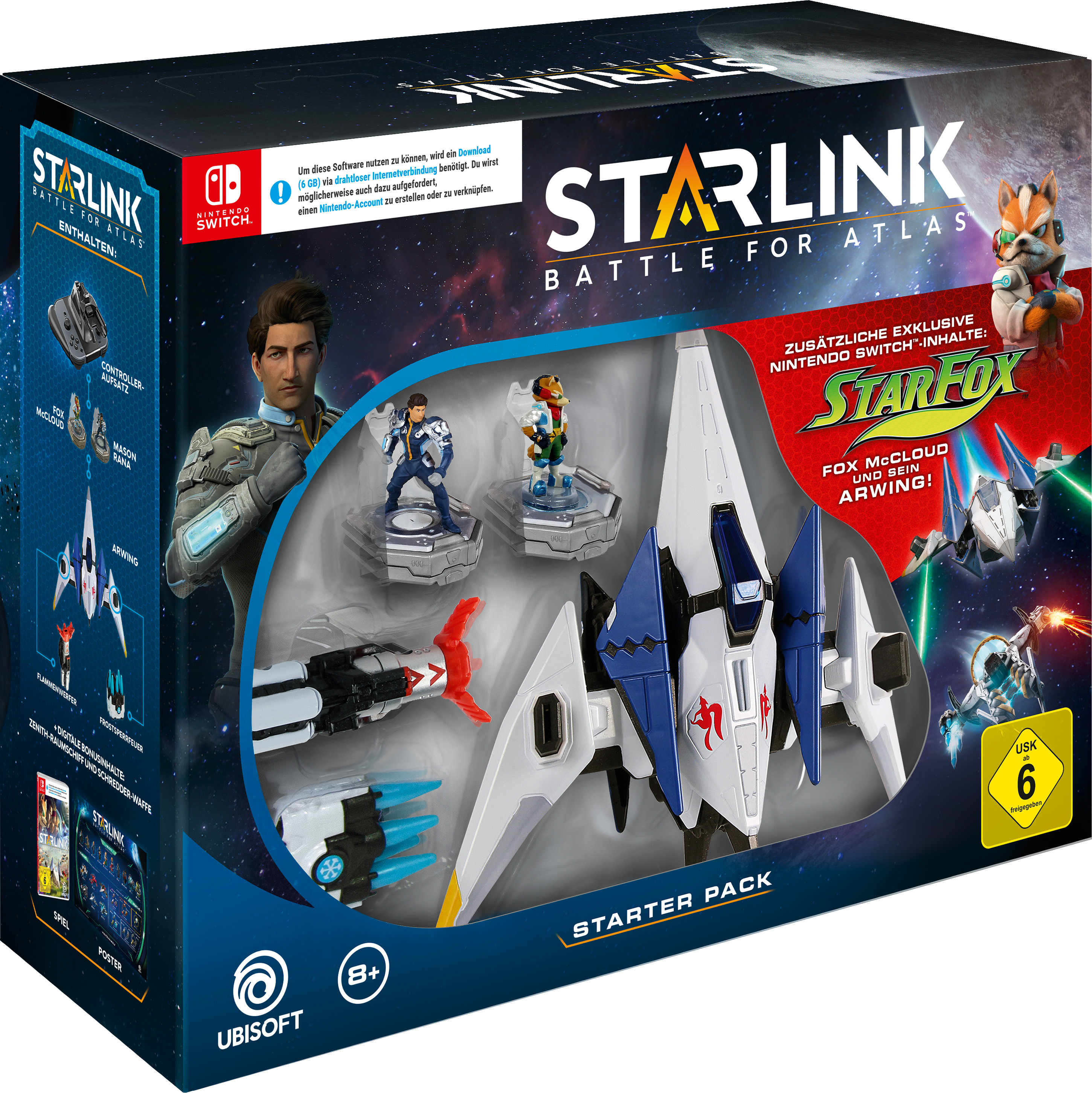 Starlink-Spielbox-Set mit Charakteren, einem Raumschiff und einer Star Fox-Figur. Weiße, blaue und rote Farben.