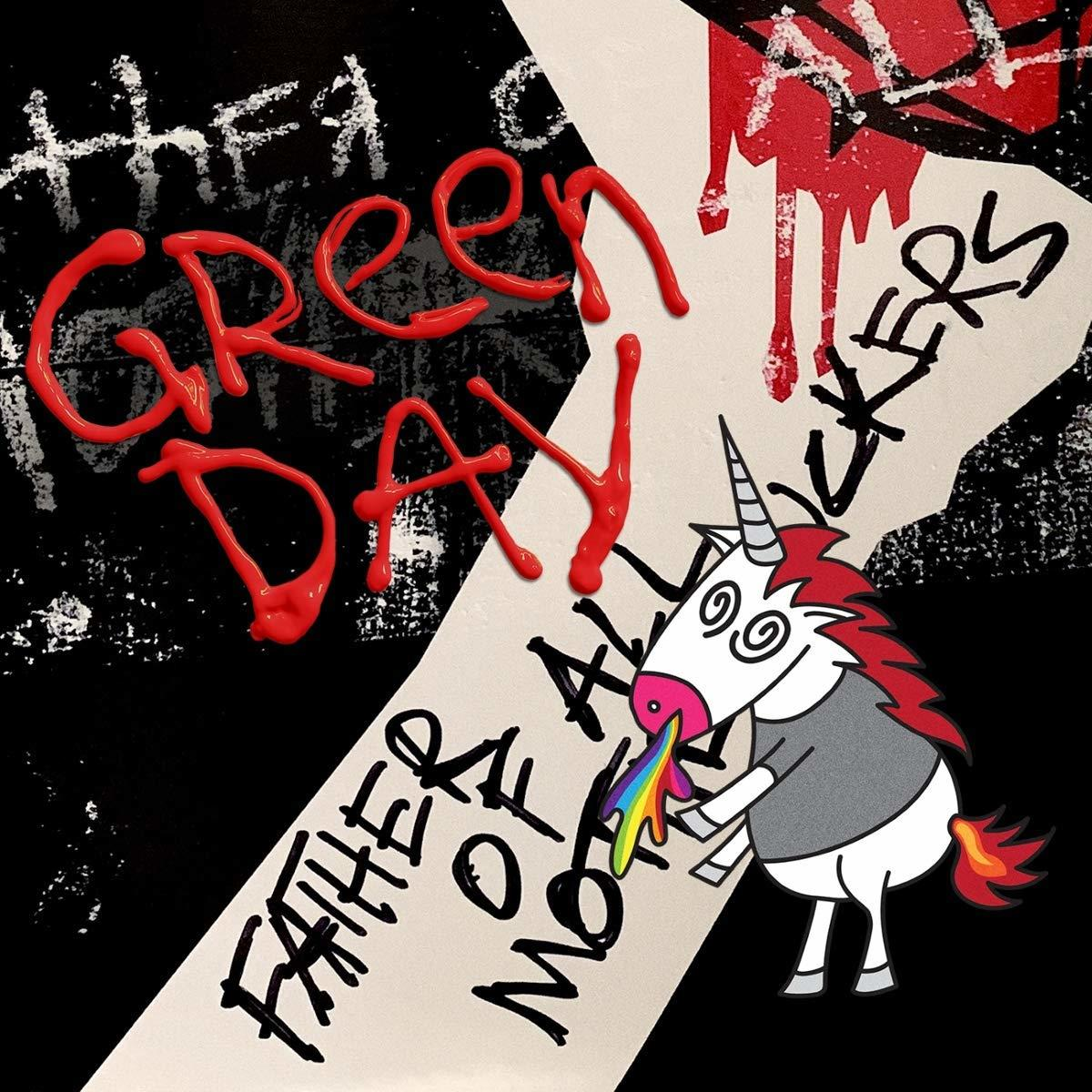 Green Day Albumcover: Einhorn erbricht Regenbogen. Roter Text auf schwarz-weißem Hintergrund.