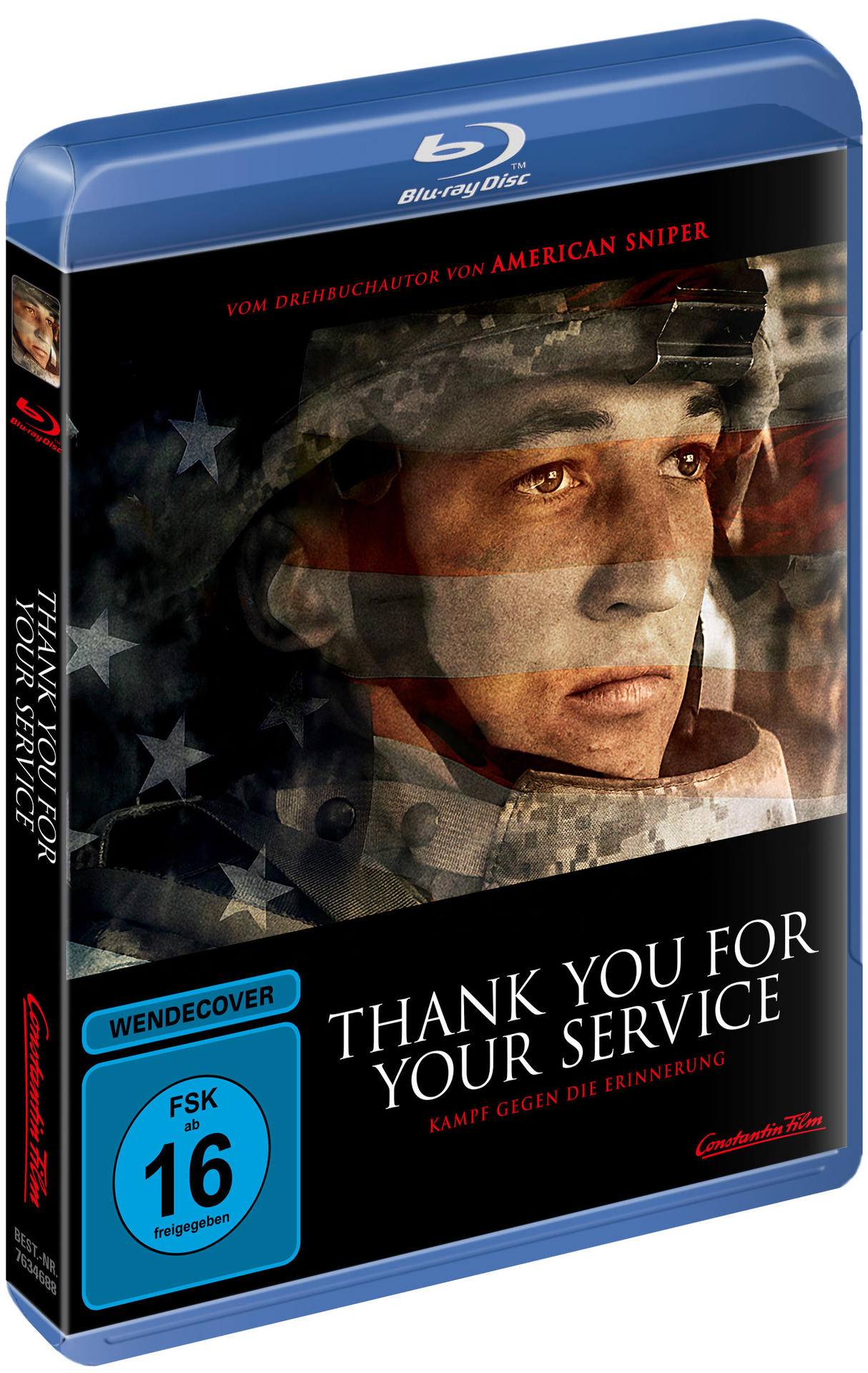 Blu-ray-Filmhülle für 'Thank You for Your Service'. Das Cover zeigt einen Soldaten mit überlagerter amerikanischer Flagge.
