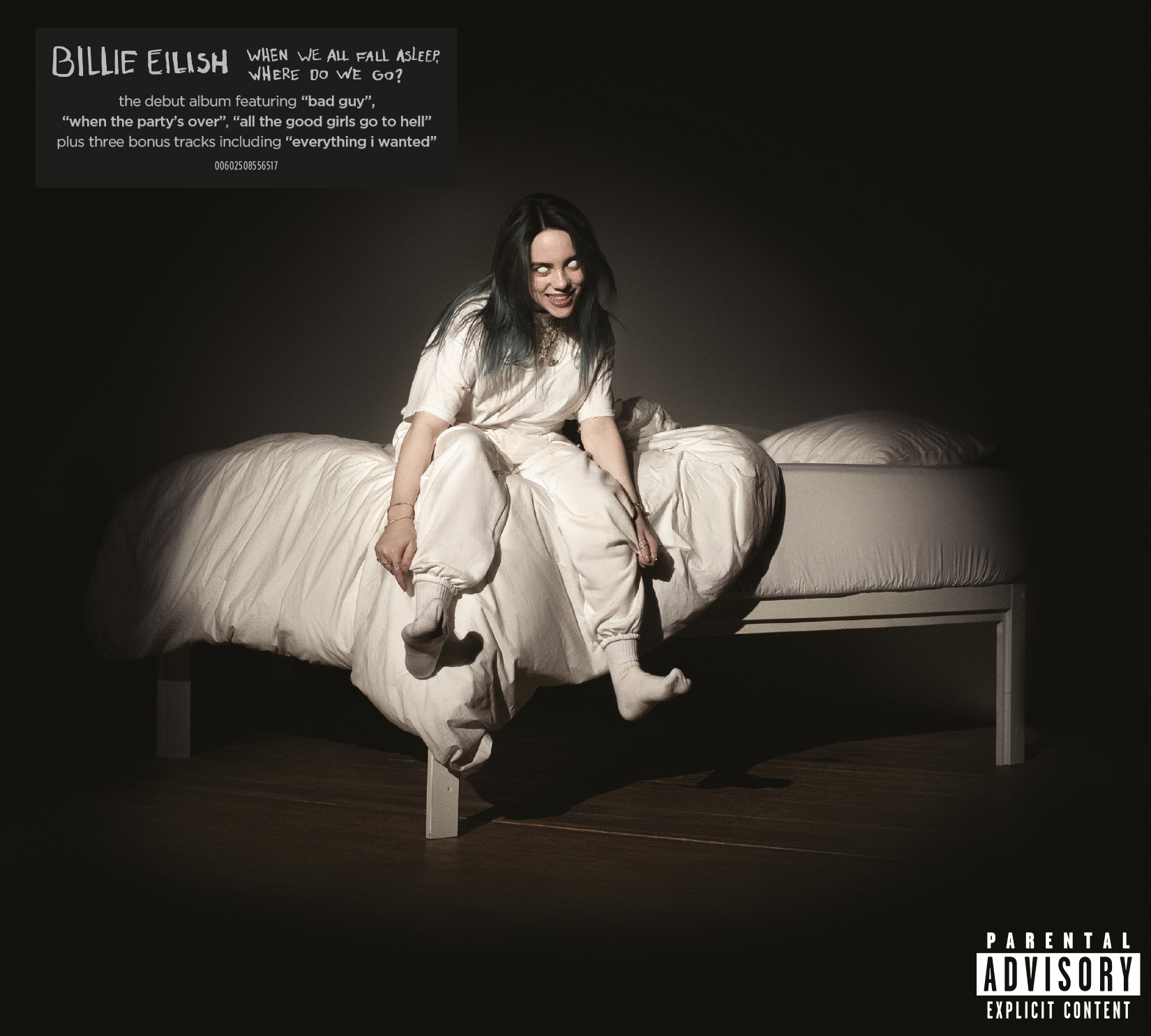 Billie Eilish Albumcover. Sie sitzt auf einem Bett.