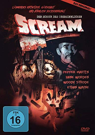 DVD-Cover für den Film 'Scream'. Enthält das Gesicht eines Mannes und Szenen von Gewalt und Horror.