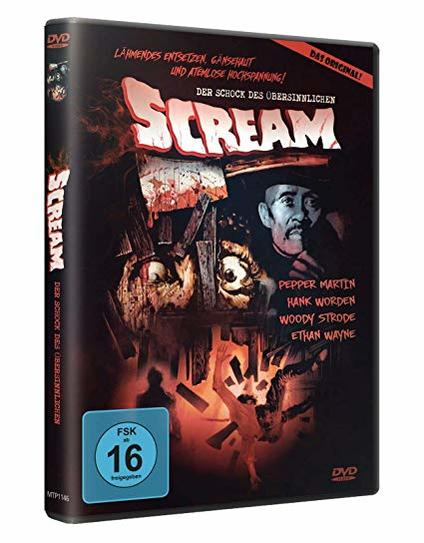 DVD-Hülle mit Horrorfilm-Cover, mit einem Mann und dem Titel 'SCREAM'.