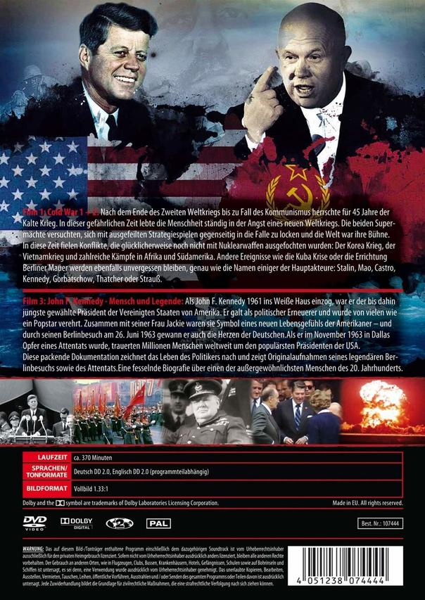 Rückseite einer DVD-Hülle mit John F. Kennedy und Nikita Chruschtschow, Thema Kalter Krieg.
