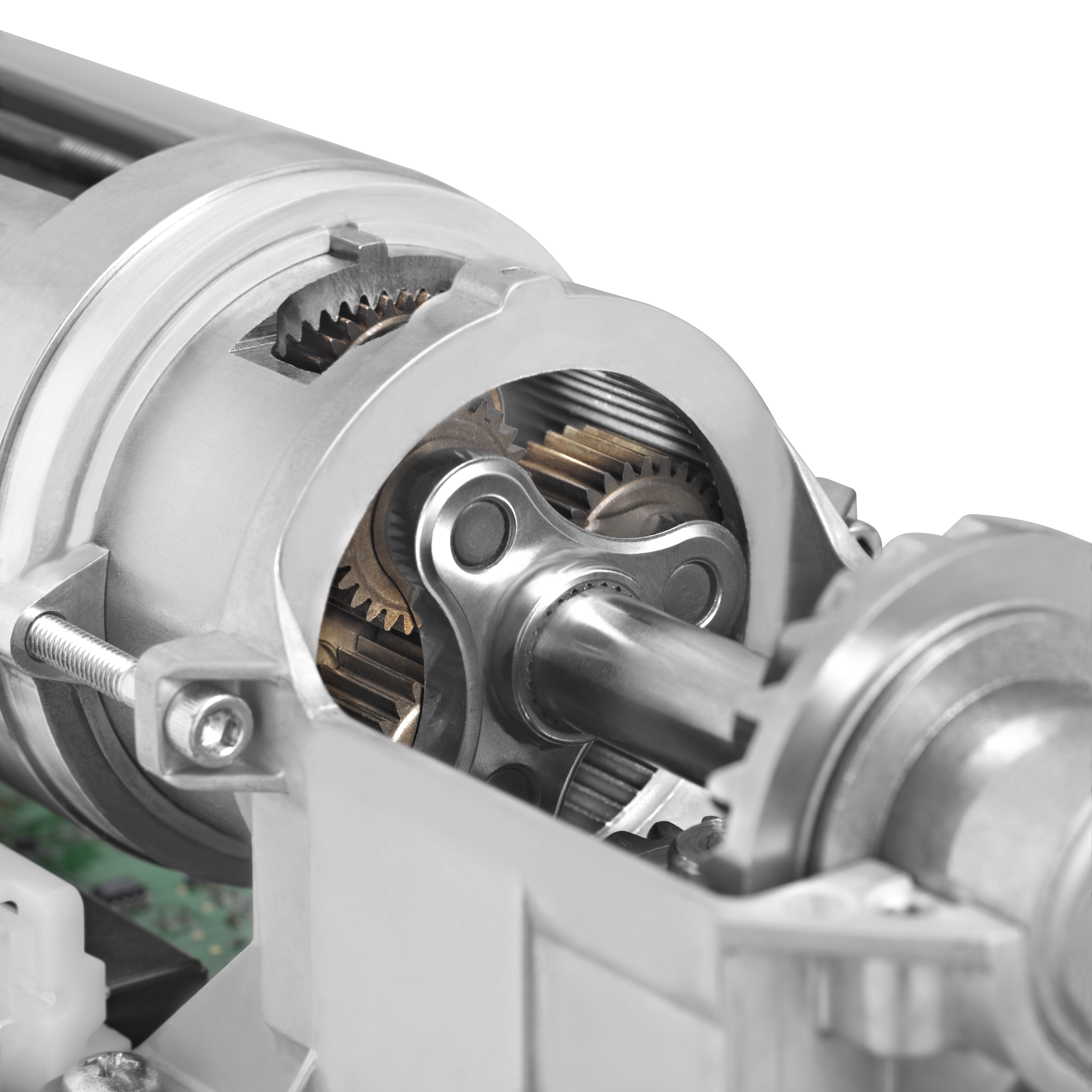 Nahaufnahme eines mechanischen Geräts mit Zahnrädern und Metallkomponenten. Der Hintergrund ist weiß.