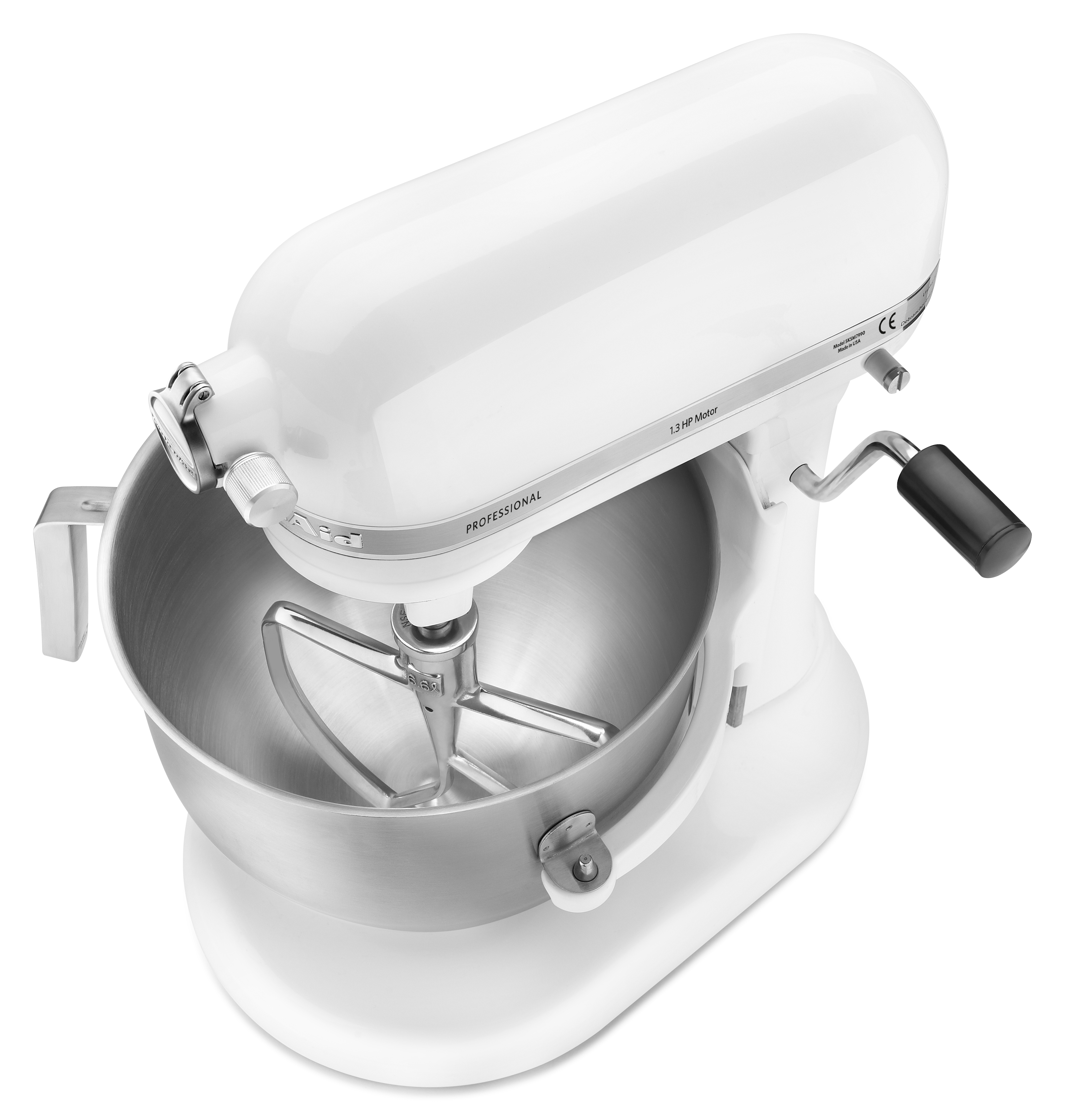 Ein weißer professioneller Küchenmixer mit einer Edelstahlschüssel und -klinge.