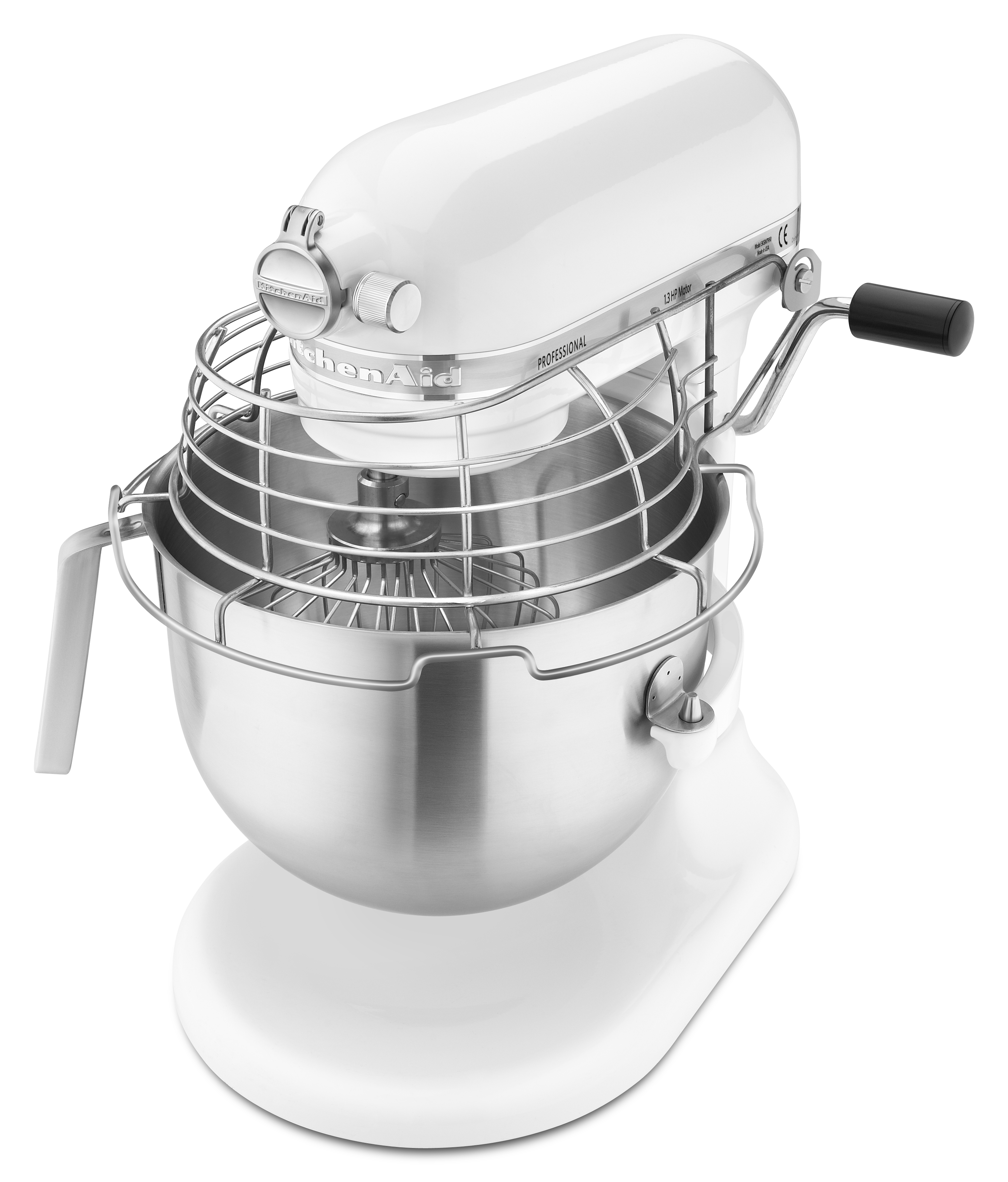 Ein weißer professioneller KitchenAid-Küchenmixer. Er hat eine Edelstahlschüssel und einen Drahtschutz.