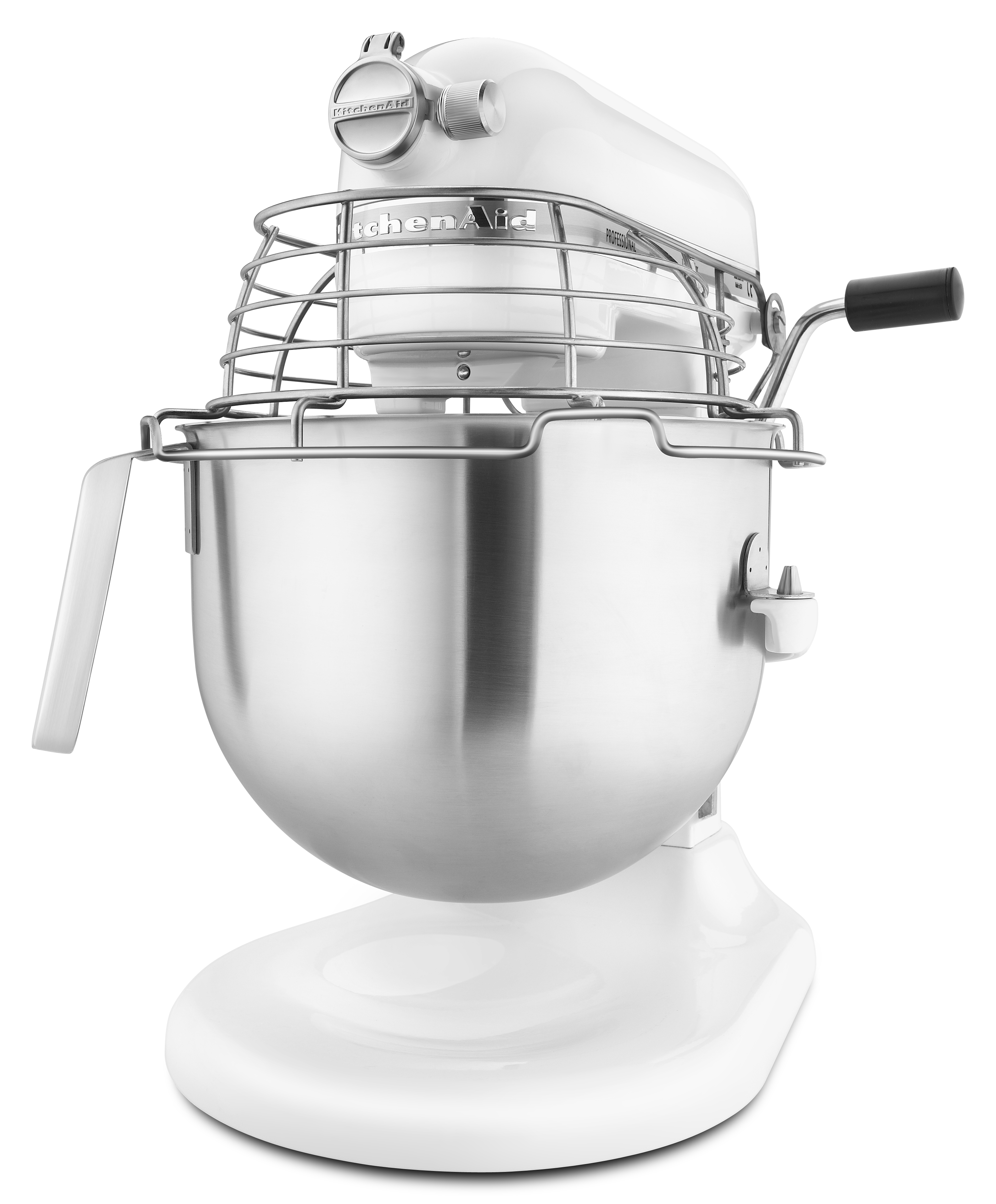 Ein weißer KitchenAid-Küchenmixer. Er hat eine Edelstahlschüssel, einen Drahtkäfig und einen schwarzen Griff.
