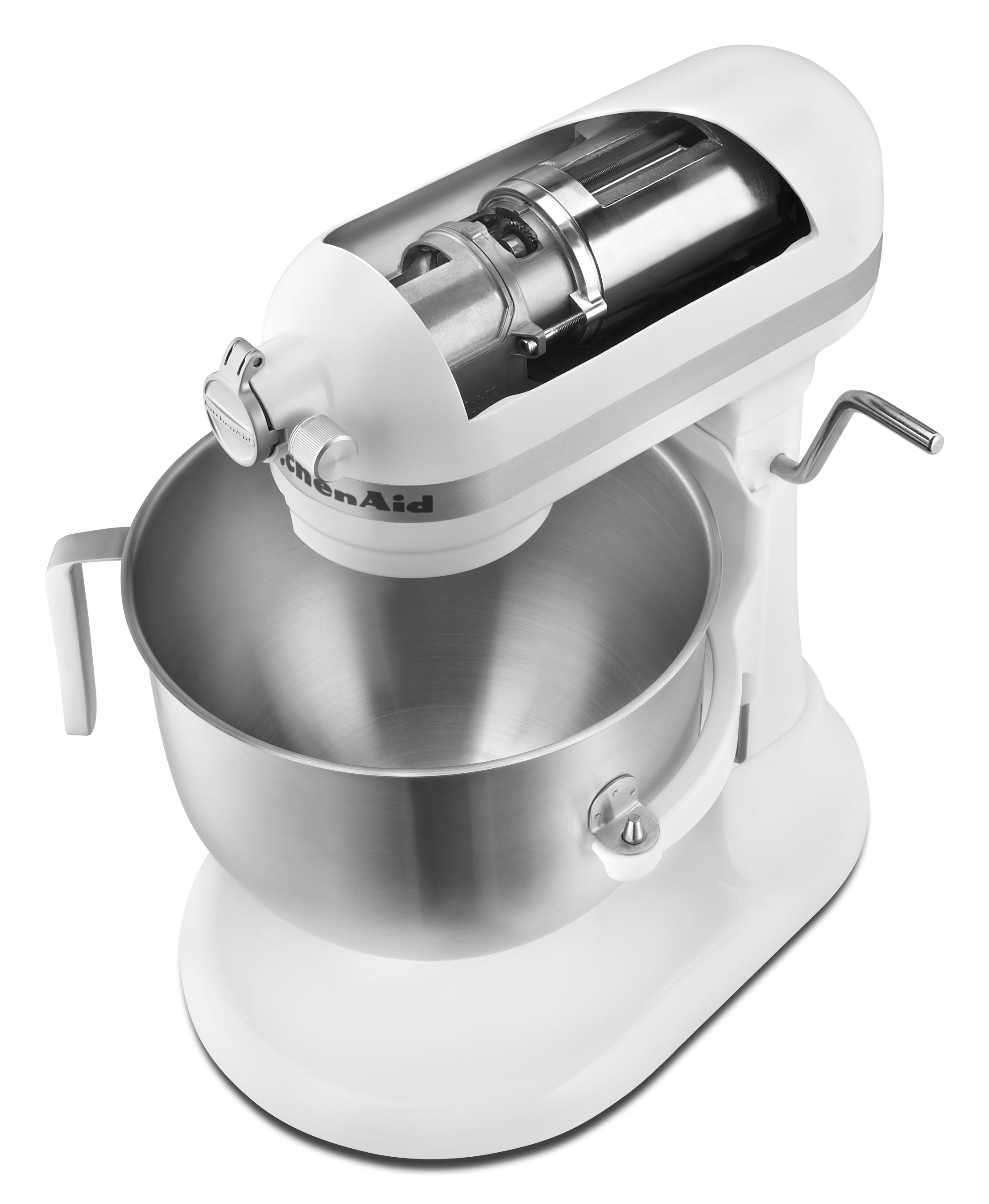 Ein weißer KitchenAid-Küchenmixer, teilweise aufgeschnitten, um den inneren Mechanismus zu zeigen. Edelstahlschüssel.