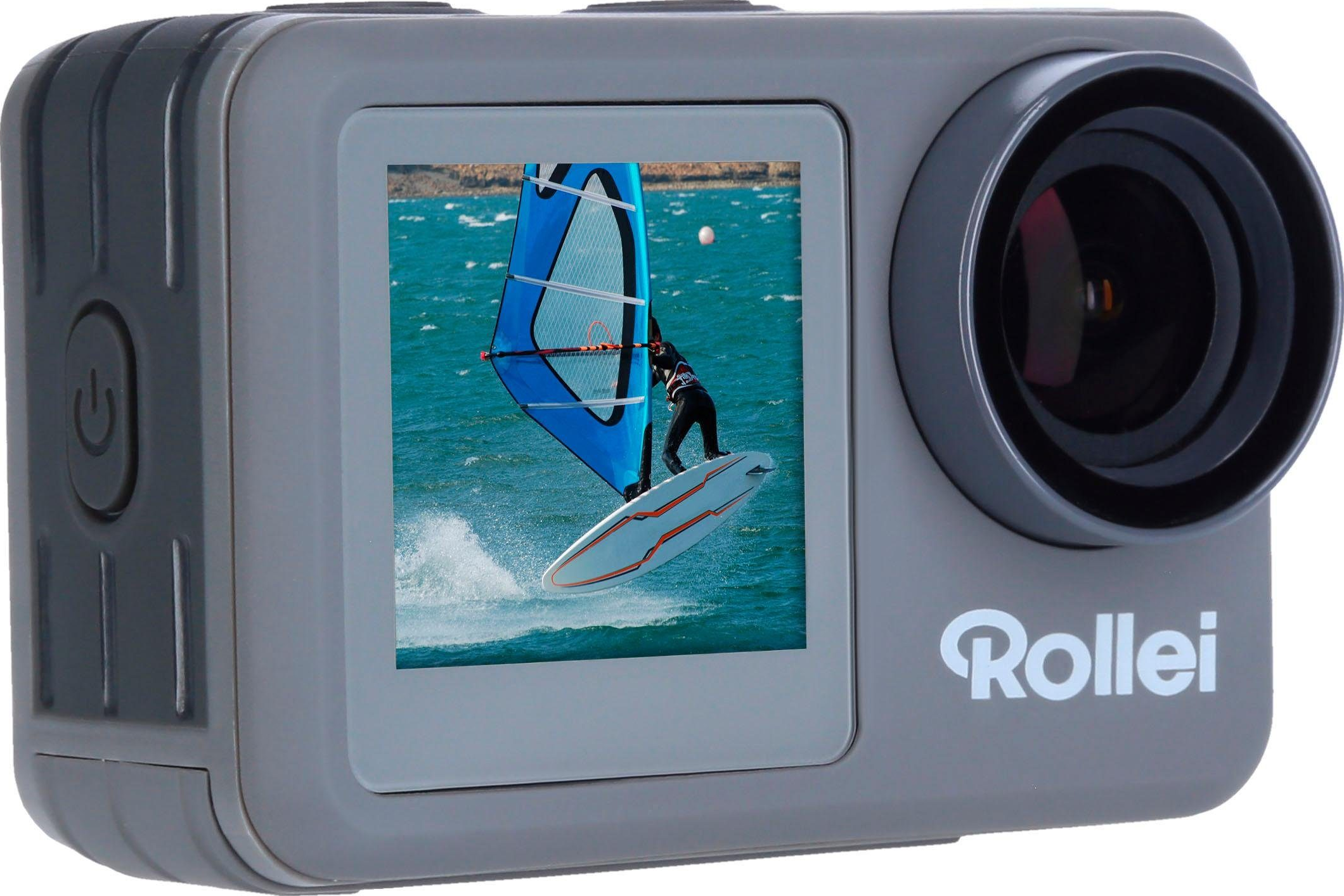 Fotocamera grigia che mostra un windsurfista sullo schermo.
