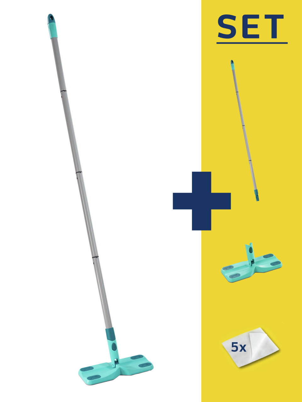 Wischmopp-Set mit blauem Wischmoppkopf und langem Stiel links und Komponenten auf gelbem Hintergrund.