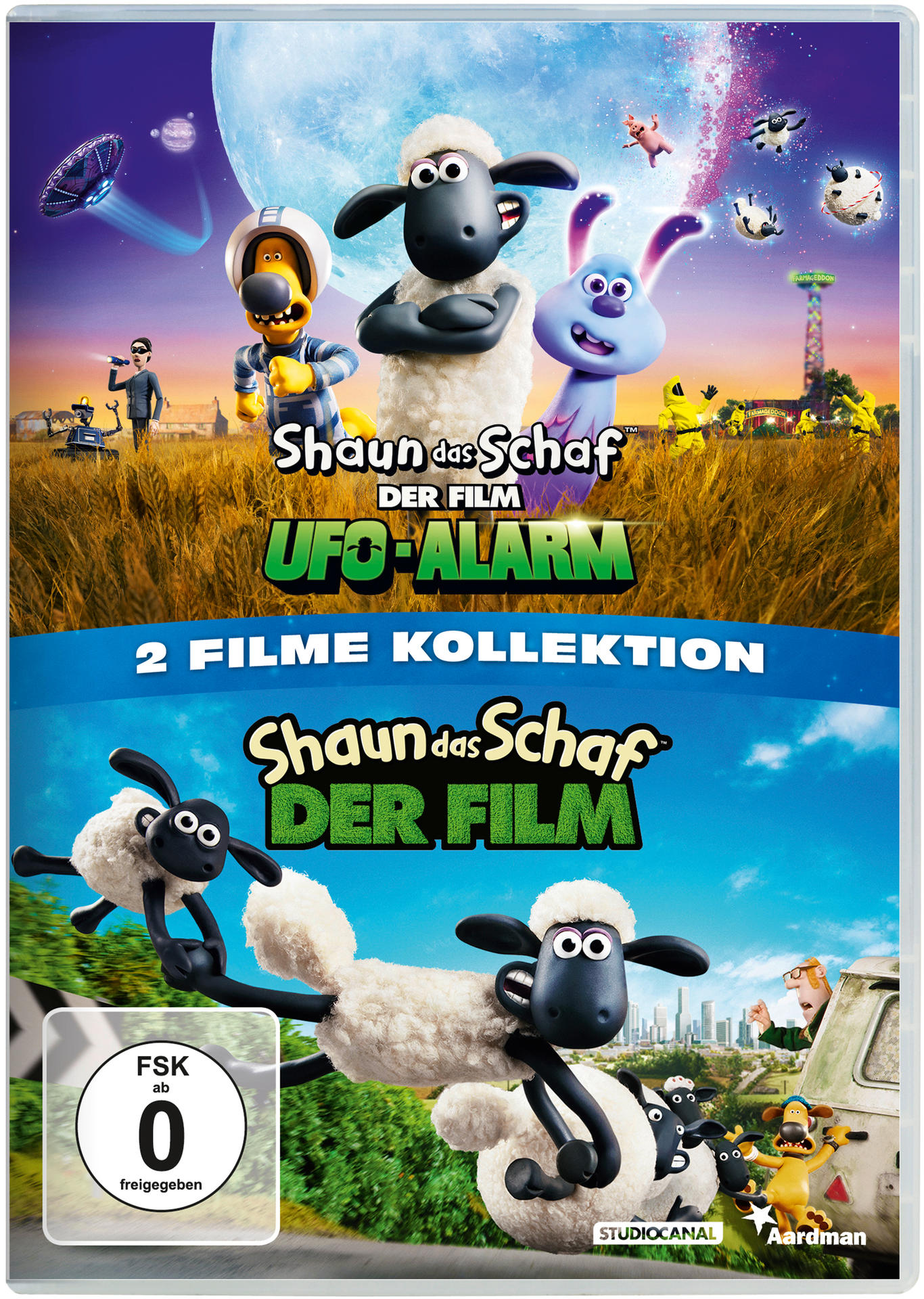 DVD-Hülle mit Shaun das Schaf-Figuren. Oben ist ein UFO-Thema.