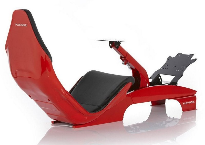 Simulador de carreras Playseat rojo con asiento negro, sobre fondo blanco.