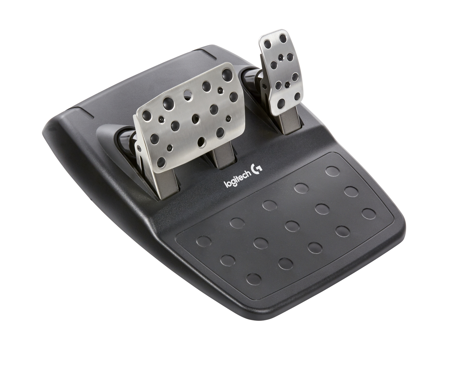 Juego de pedales Logitech negro con pedales plateados. El juego está sobre una base negra, fondo blanco.