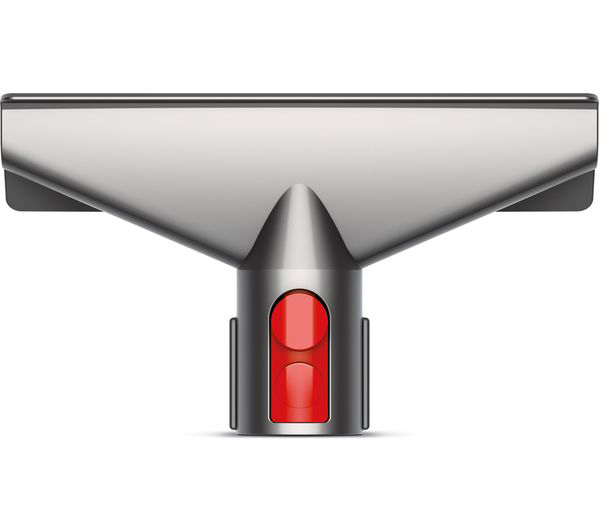 Staubsaugeraufsatz, metallisch mit rotem Knopf.