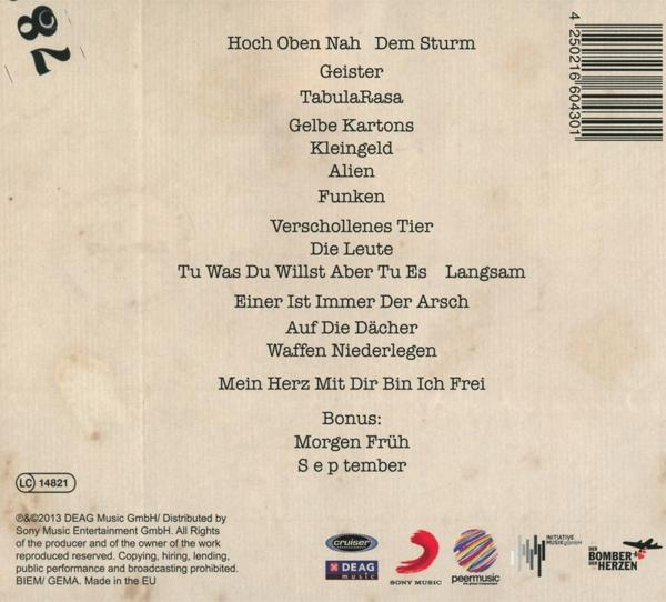 Rückseite einer CD mit deutschem Text. Enthält eine Liste deutscher Songtitel.