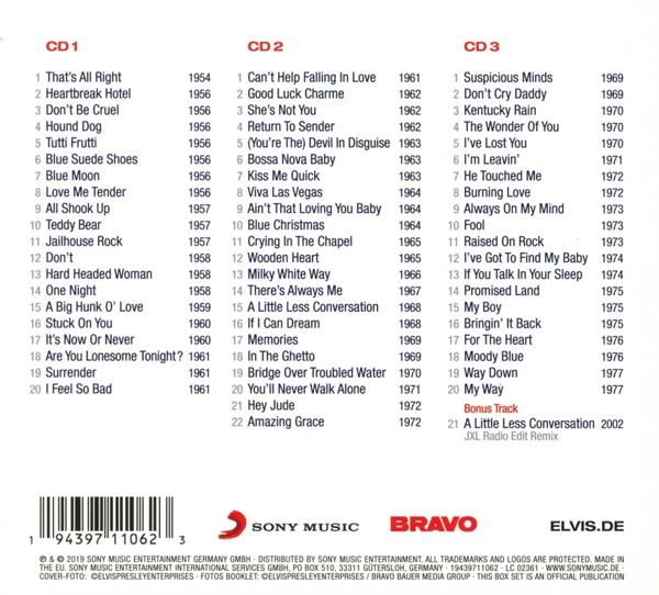 CDs mit Elvis Presley Songtiteln und Albumcover, mit Bravo Logo und Text.