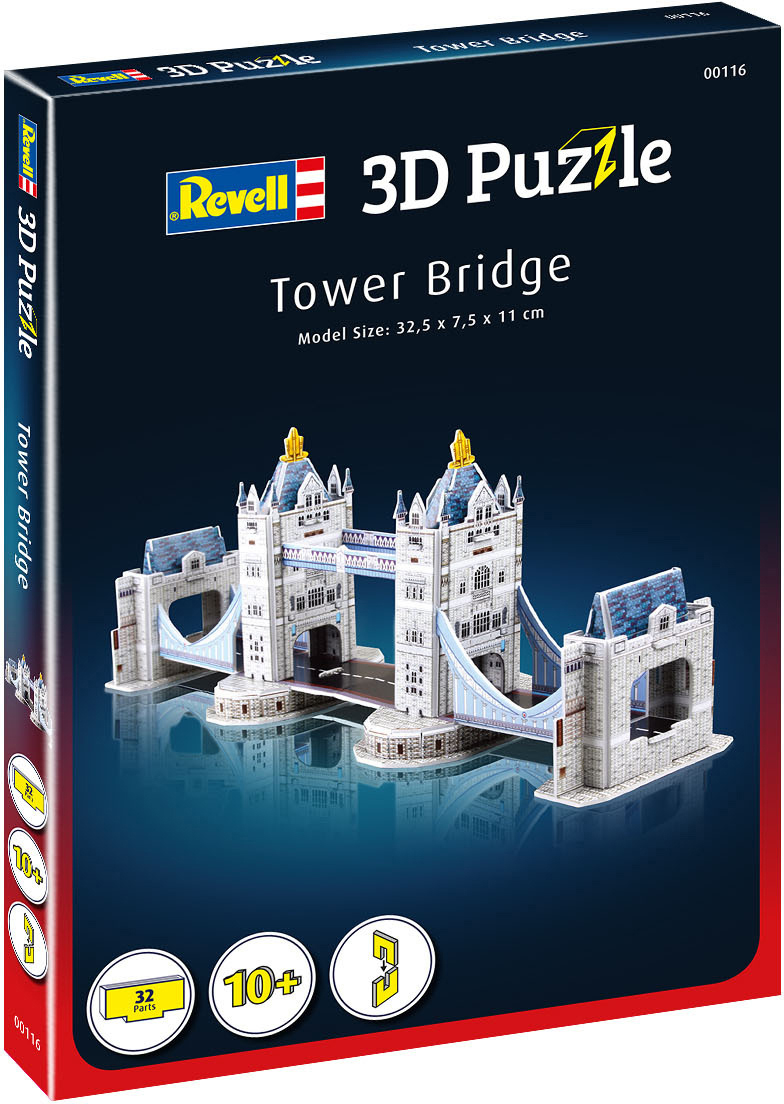 Eine 3D-Puzzle-Box der Tower Bridge, mit dem fertigen Modell ausgestellt.