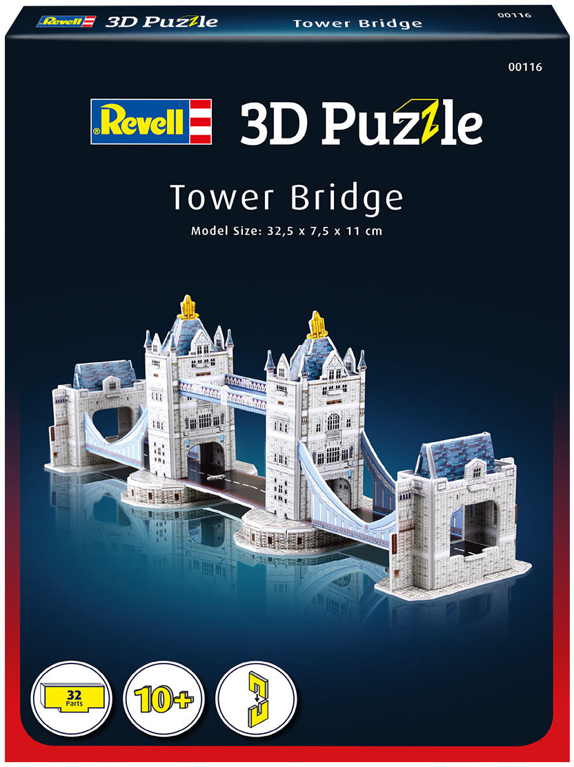 3D-Puzzle der Tower Bridge. Box-Art zeigt das zusammengebaute Puzzle. Enthält 32 Teile. Blauer Hintergrund.