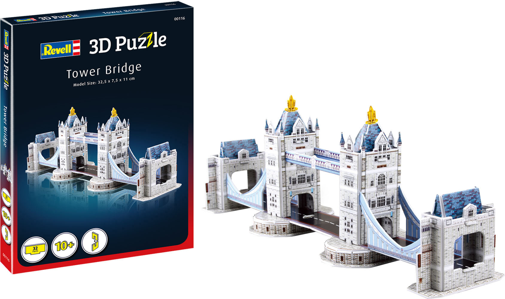 Revell 3D Tower Bridge Modellbausatz-Box und zusammengebautes Modell.