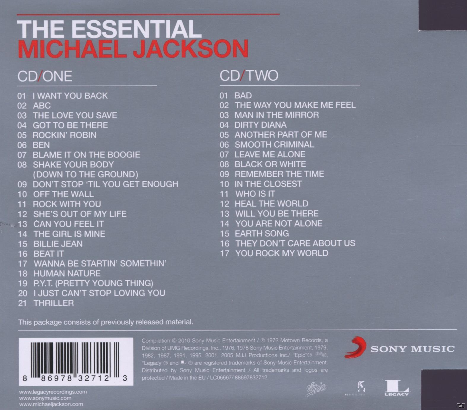 CD-Cover für "The Essential Michael Jackson" mit Titelliste, Sony Music Logo und verschiedenen Texten.