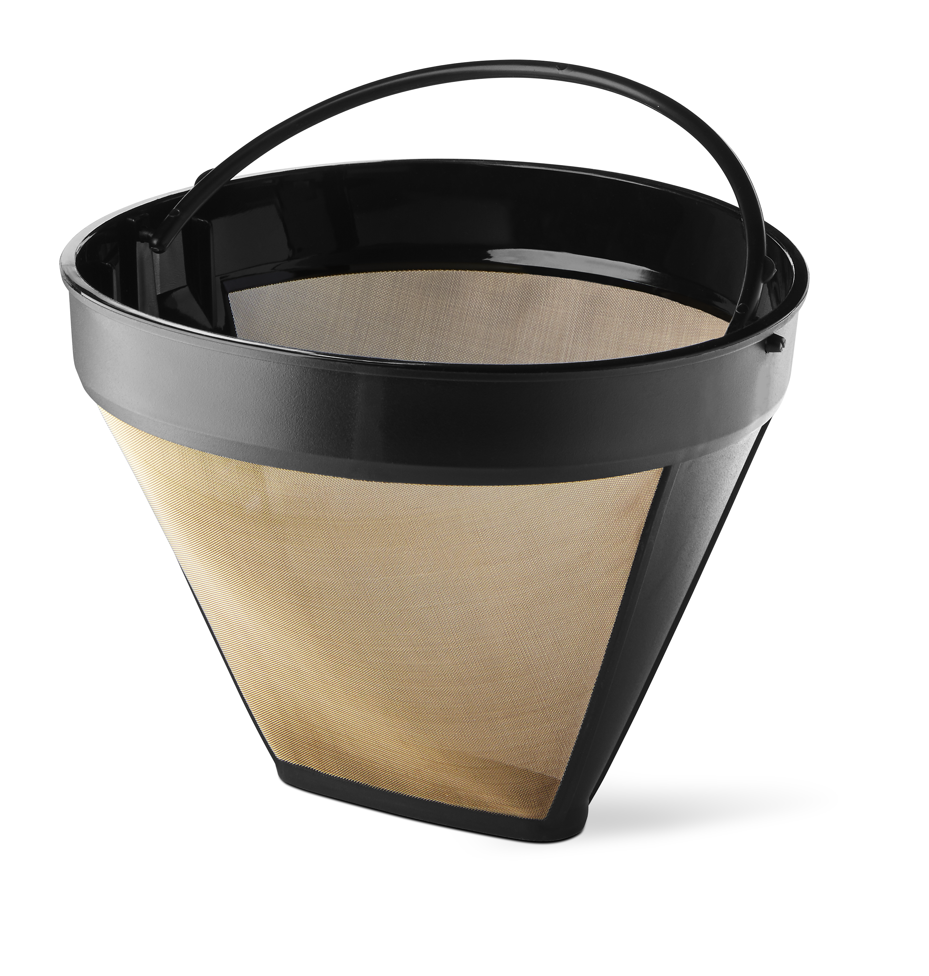 Schwarzer Kaffeefilter mit Goldnetz, gehalten von einem schwarzen Griff.