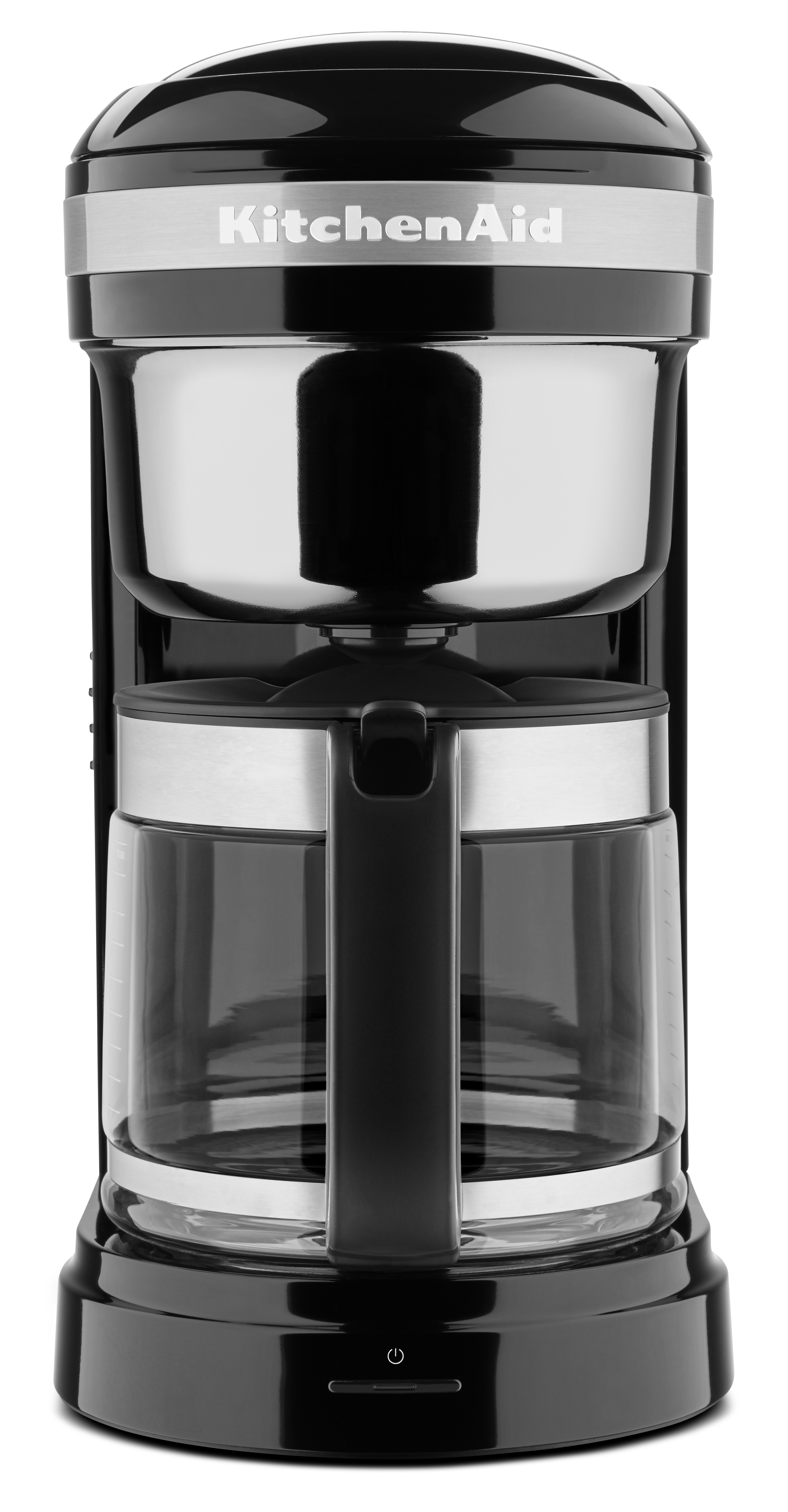 Schwarz-silberne KitchenAid Kaffeemaschine, von der Seite betrachtet.