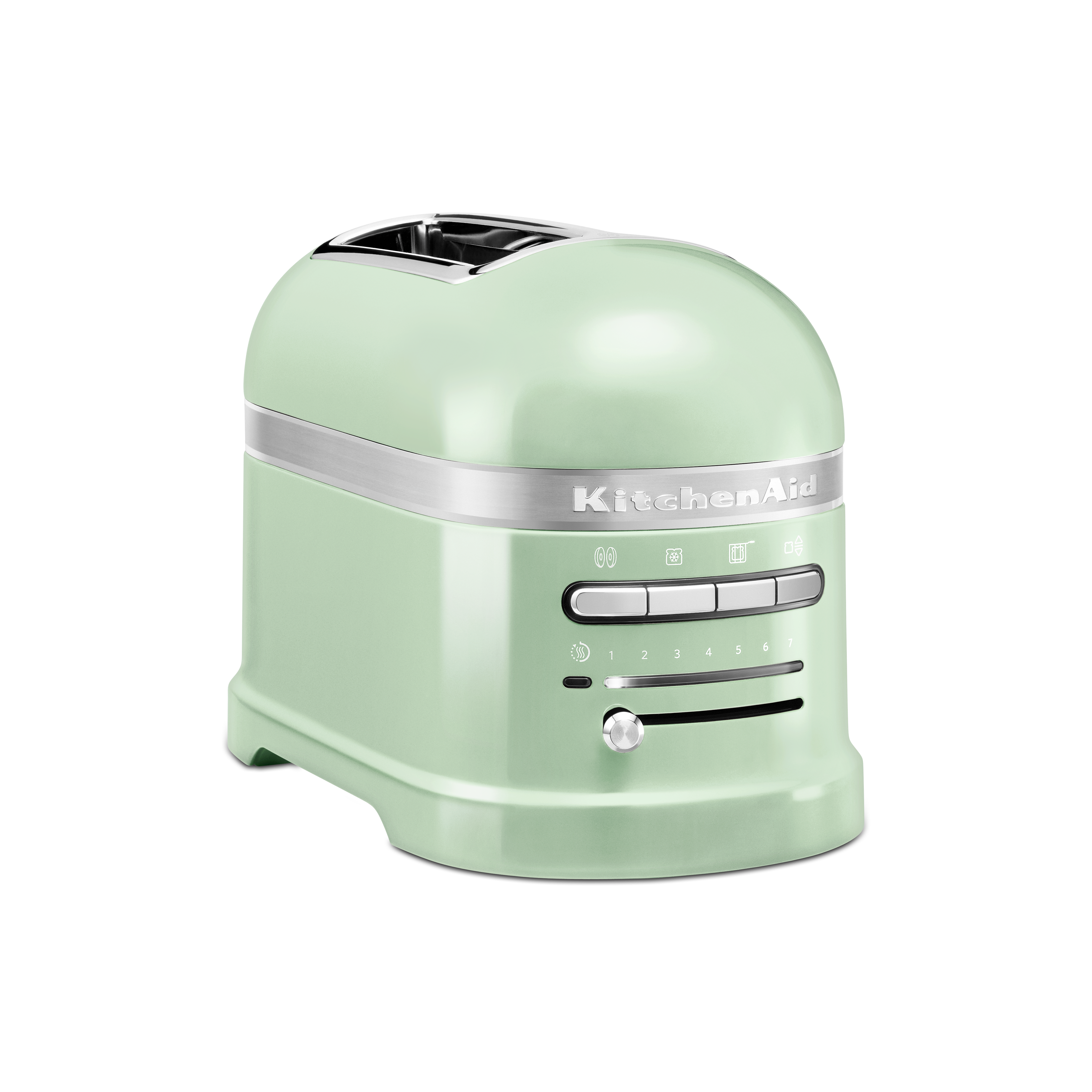 Ein mintgrüner KitchenAid-Toaster. Silberne Akzente und Bedienelemente. Schwarzer Hintergrund.