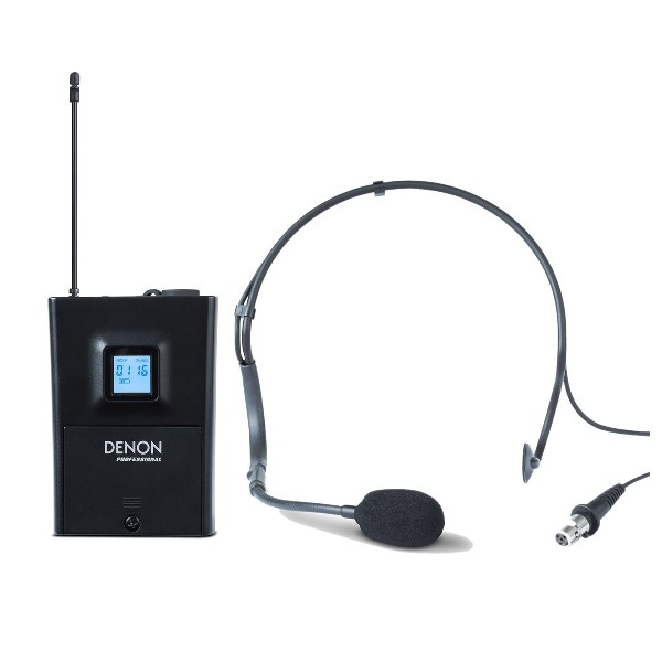 Sistema de micrófono con auriculares inalámbricos. Incluye un receptor, un micrófono y cables de conexión. Color negro.