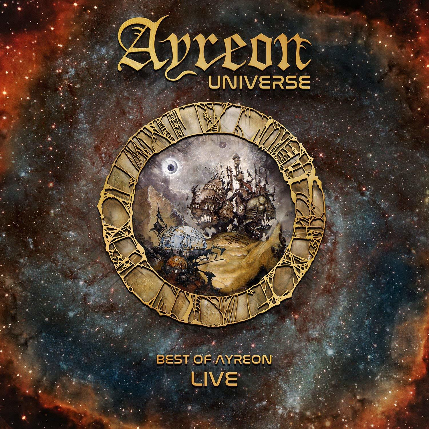 Ayreon Universe album borító. Egy arany óralap, benne egy fantasy jelenettel, csillagos háttérrel.