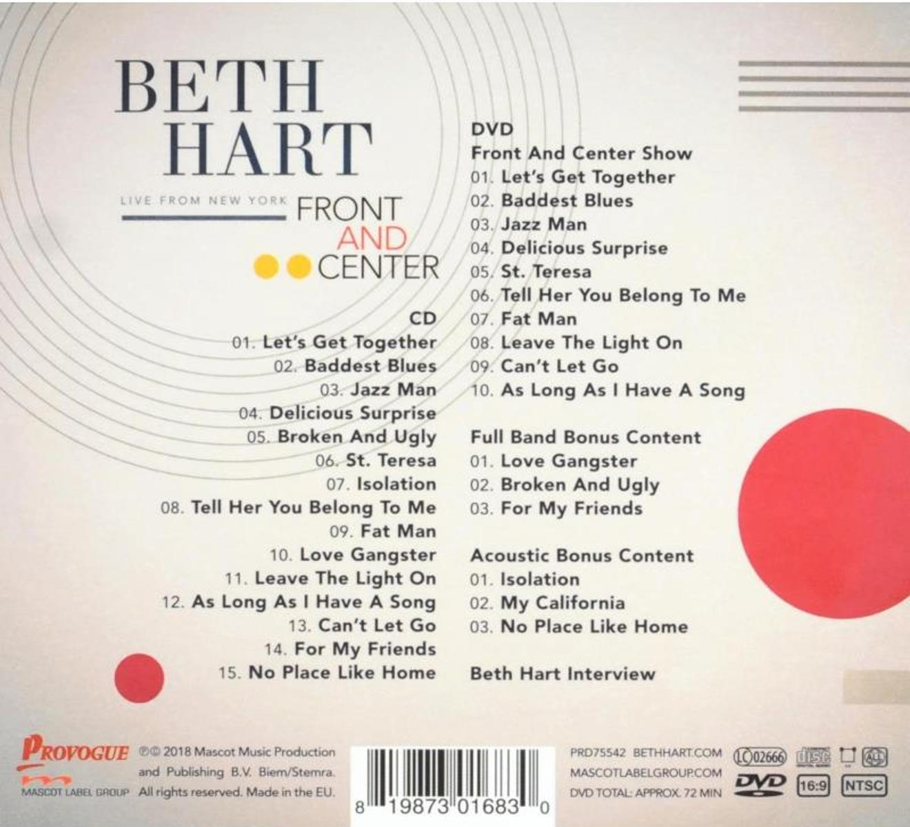 Beth Hart 'Front and Center' című albumának borítója, számlistákkal és logóval.