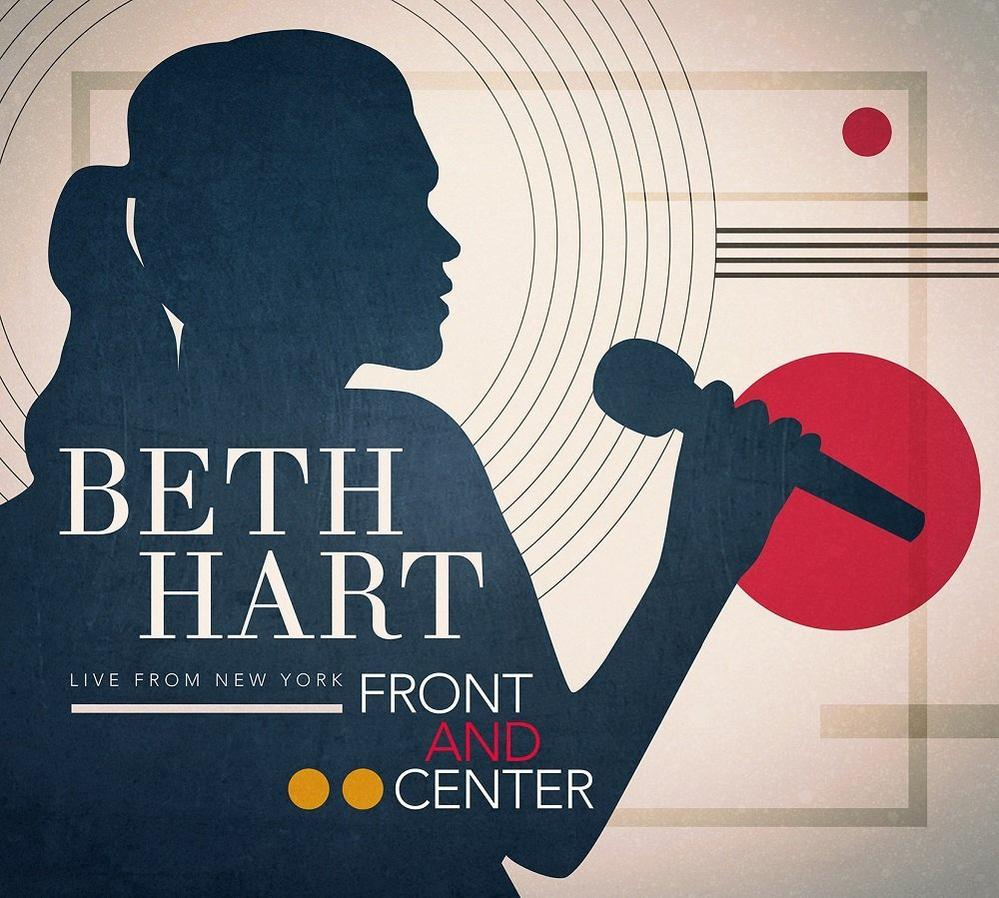 Beth Hart CD borító énekesnő sziluettjével mikrofonnal, piros és sárga elemekkel.