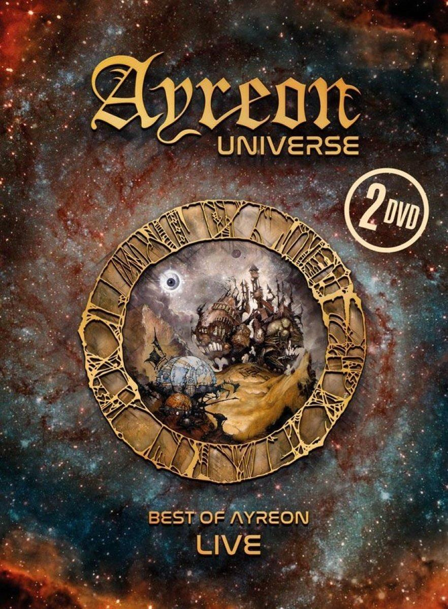 Ayreon Universe DVD-Cover. Fantasiestadt in einer Uhr. Goldene Schrift und Weltraumhintergrund.